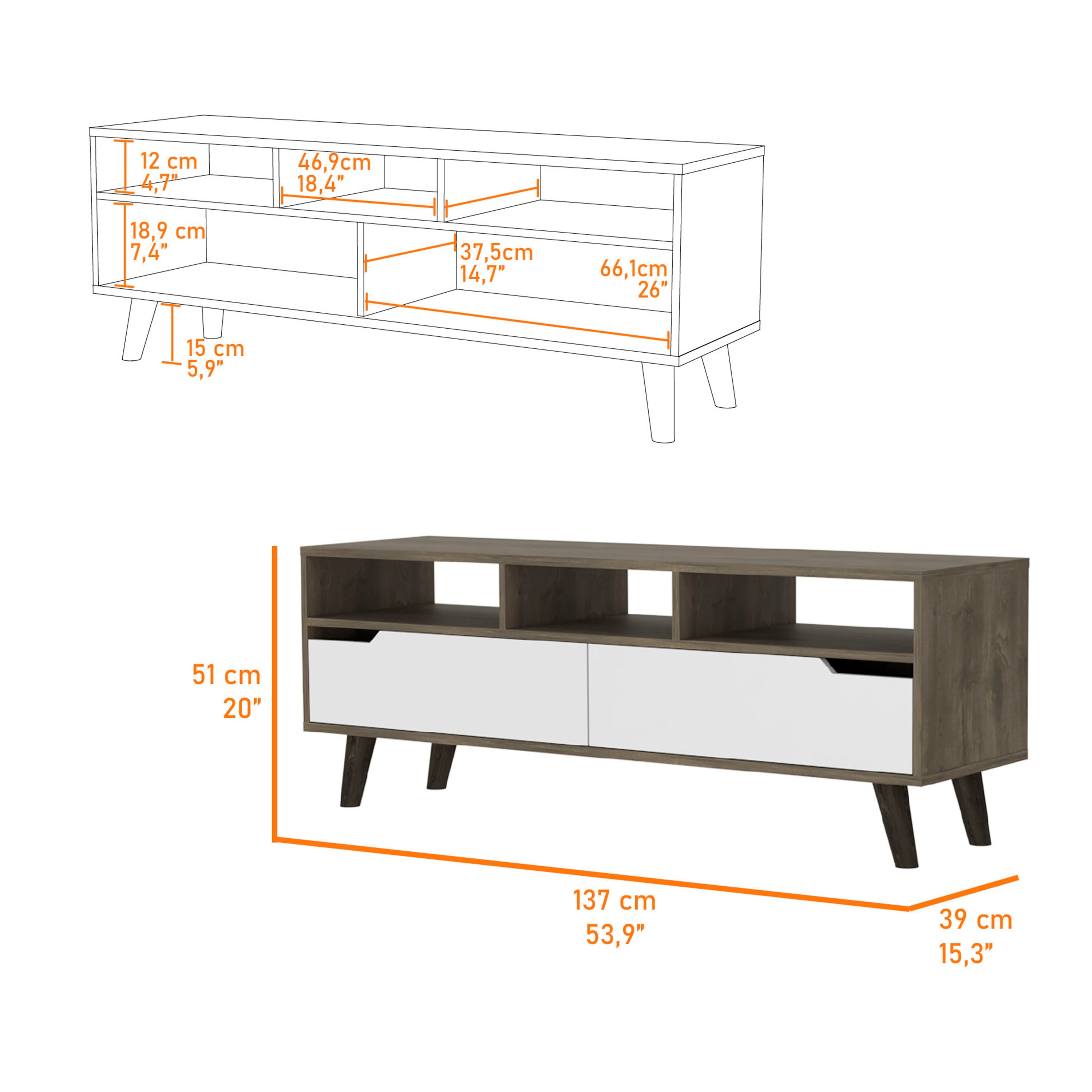 New Haven 2-Drawer 3-Shelf TV Stand Dark Walnut and White