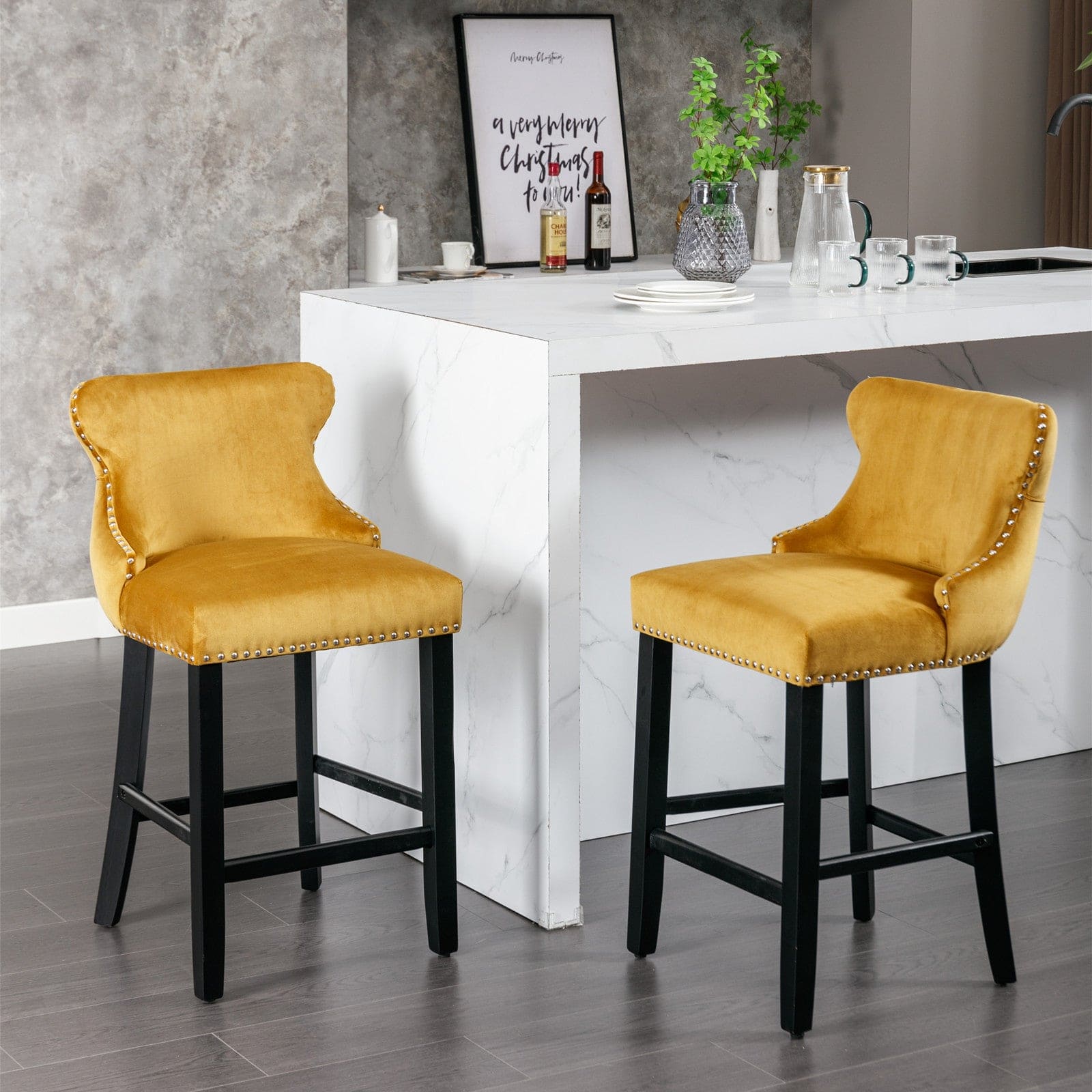 A&A Furniture,Contemporary Velvet Upholstered Wing-Back Barstools with Button Tufted Decoration and Wooden Legs, and Chrome Nailhead Trim, Leisure Style Bar Chairs,Bar stools,Set of 2 (Gold),SW1824GL