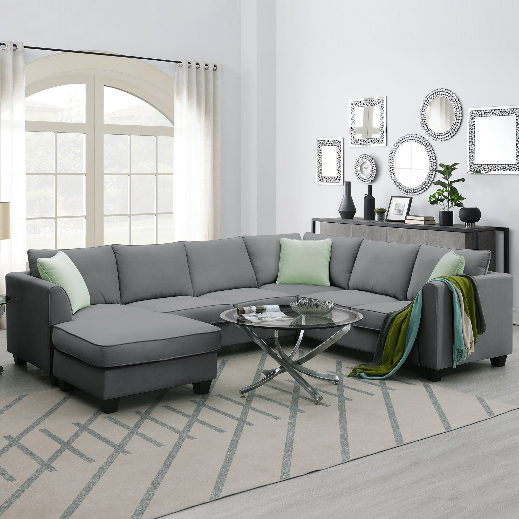 [VIDEO provided] 112*87" Sectional Sofa Couches Living Room Sets, 7 Seats Modular Sectional Sofa with Ottoman, L Shape Fabric Sofa Corner Couch Set with 3 Pillows, Grey(New of GS008210AAG)