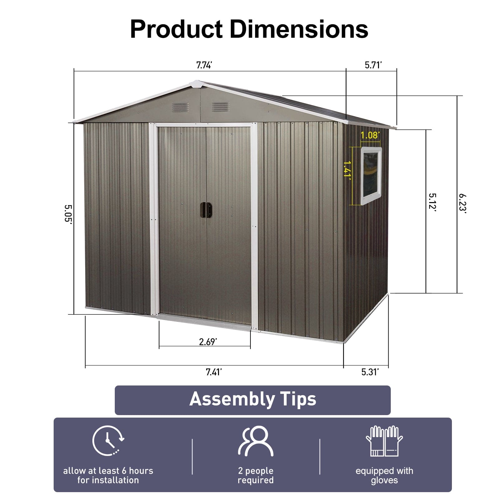 6ft x 8ft Outdoor Metal Storage Shed with Window Grey