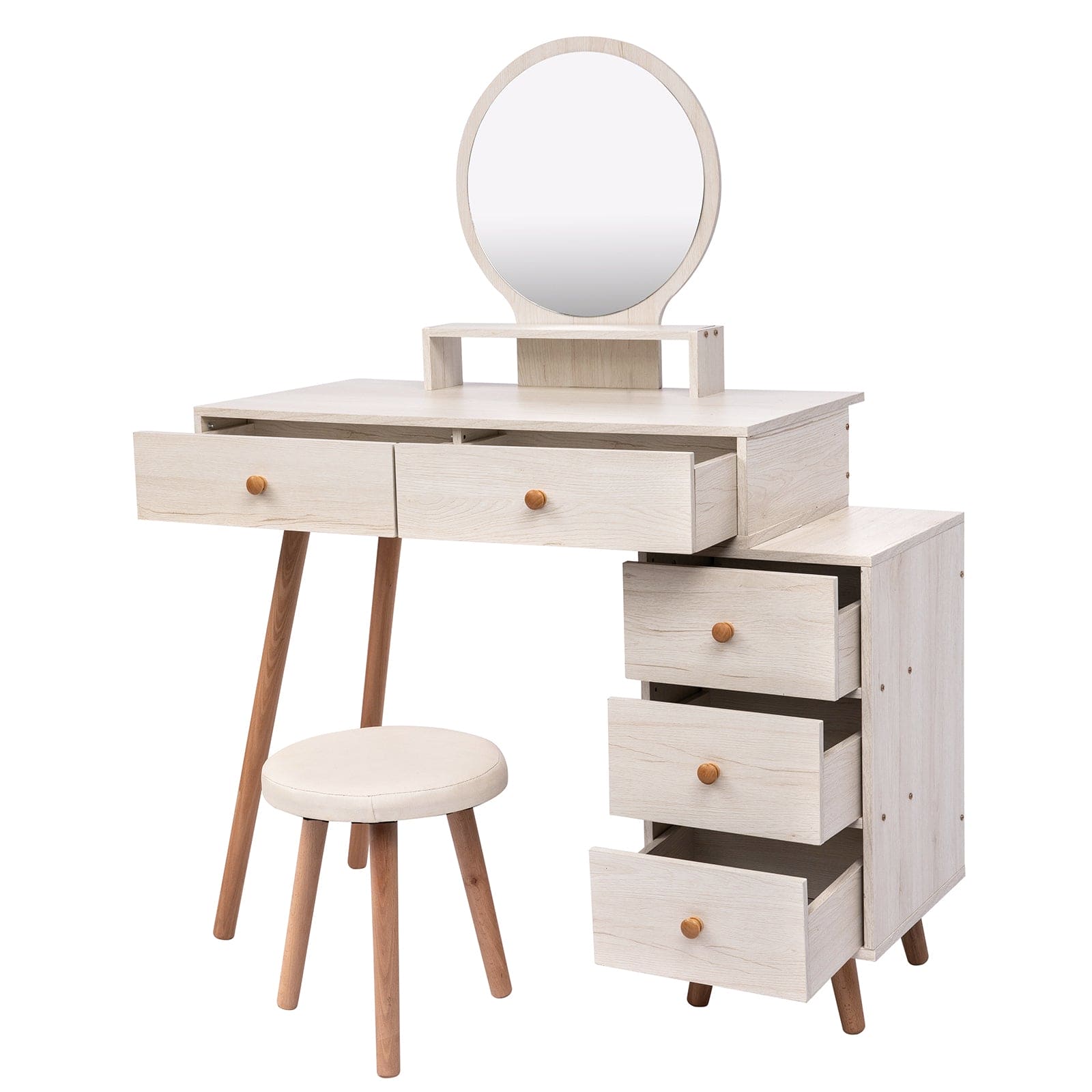 CRAZY ELF Makeup Vanity Table with Cushioned Stool, Large Capacity Storage Cabinet, 5 Drawers, Large Round Mirror, Fasionable Makeup Furniture (31.5"-43.2"L x 15.8"W x 48.1"H) Length Adjustable