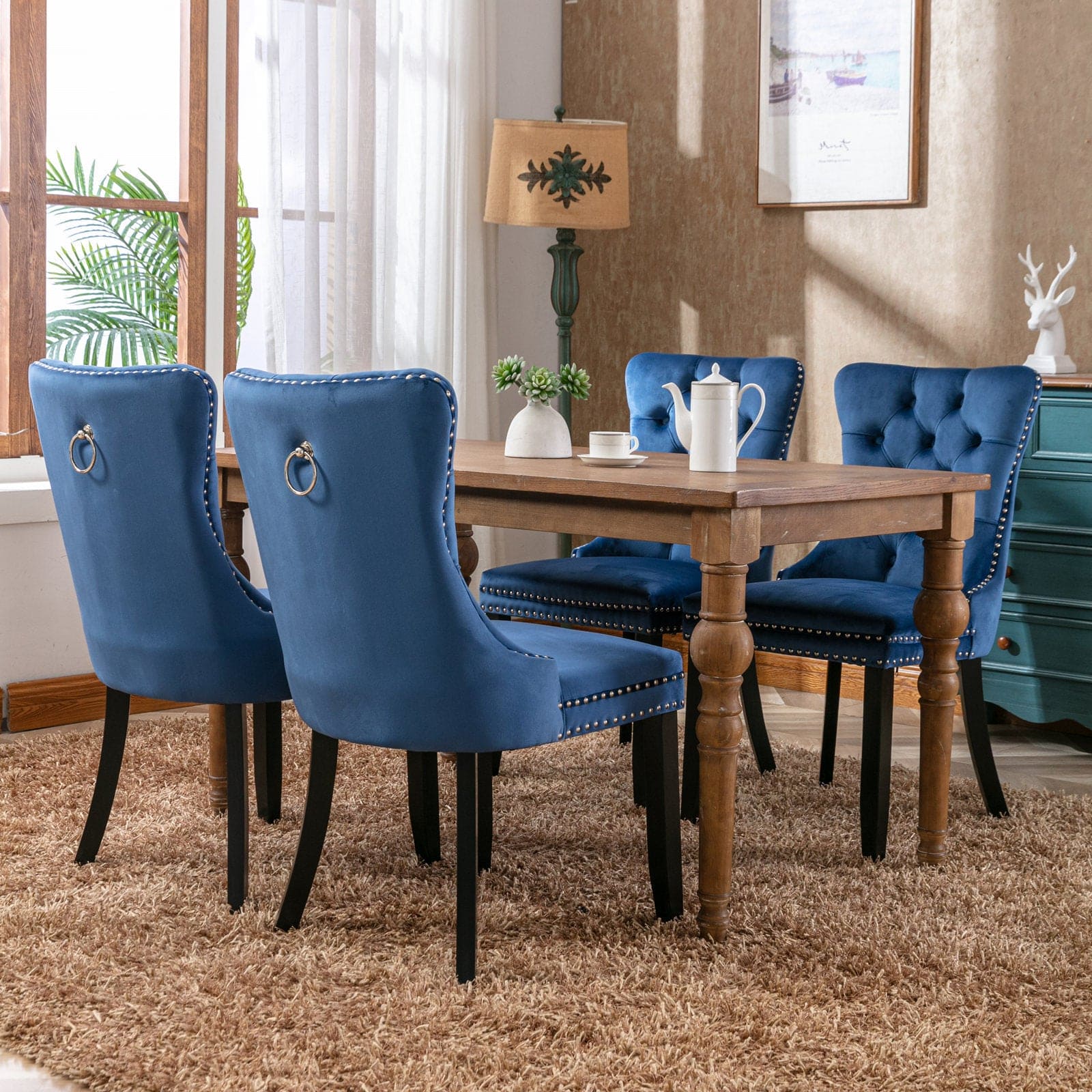 Nikki Collection Modern, High-end Tufted Solid Wood Contemporary Velvet Upholstered Dining Chair with Wood Legs Nailhead Trim 2-Pcs Set,Blue, SW2001BL