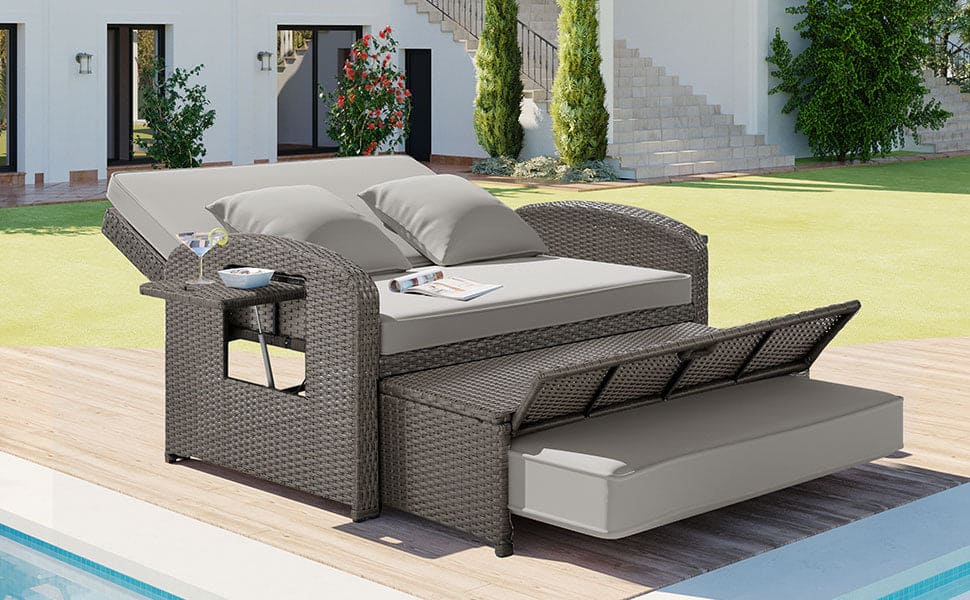 TOPMAX PE Wicker Rattan Double Chaise Lounge, 2-Person Reclining Daybed with Adjustable Back and Cushions, Free Furniture Protection Cover,Gray