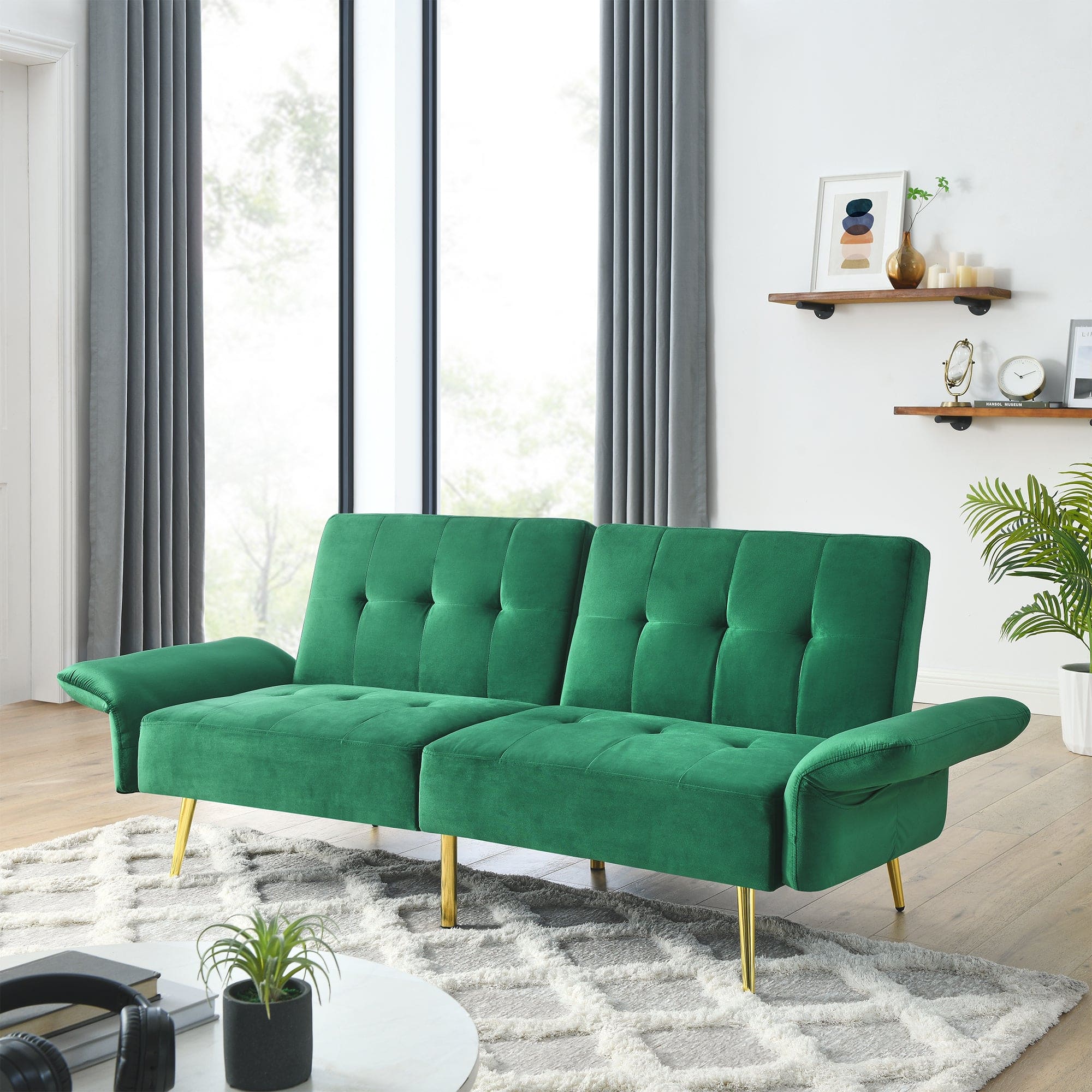 78" Italian Velvet Futon Sofa Bed, Convertible Sleeper Loveseat Couch with Folded Armrests and Storage Bags for Living Room and Small Space, Green 280g velvet