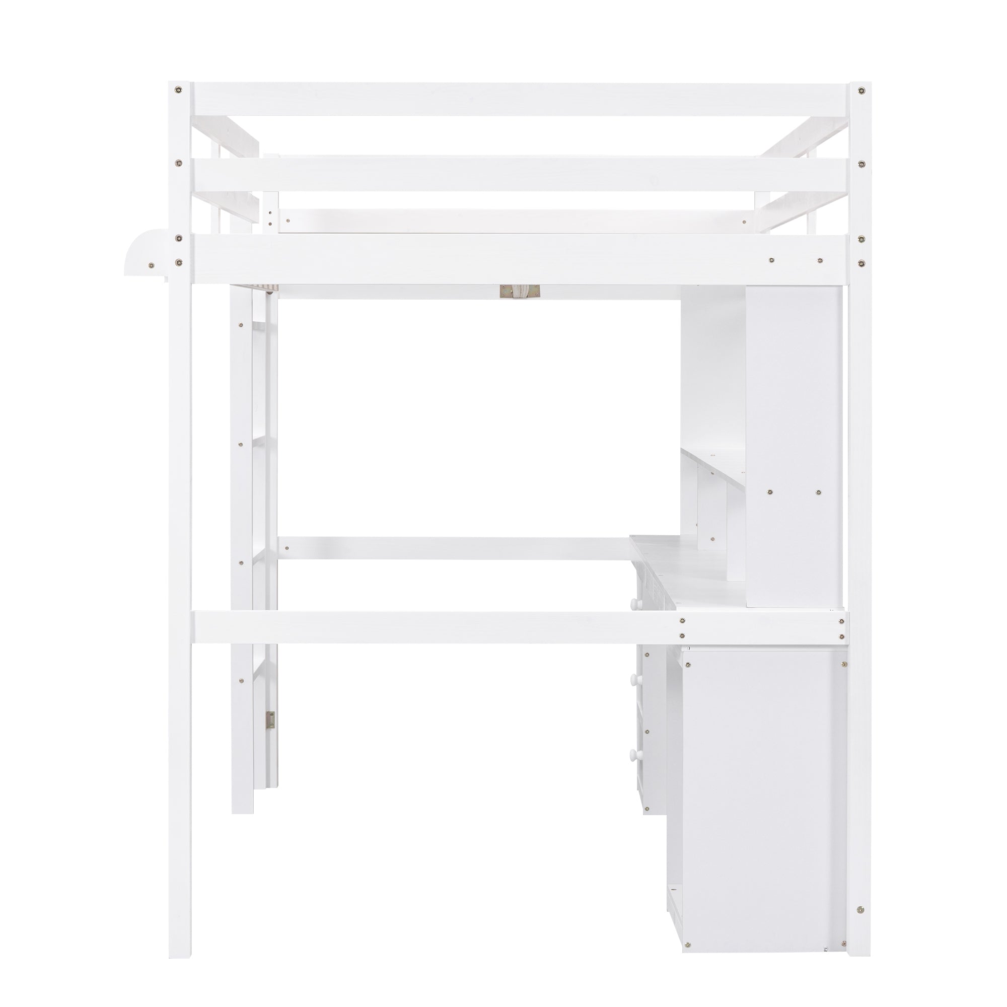 Full Size Loft Bed with Multi-storage Desk, LED light and Bedside Tray, Charging Station, White