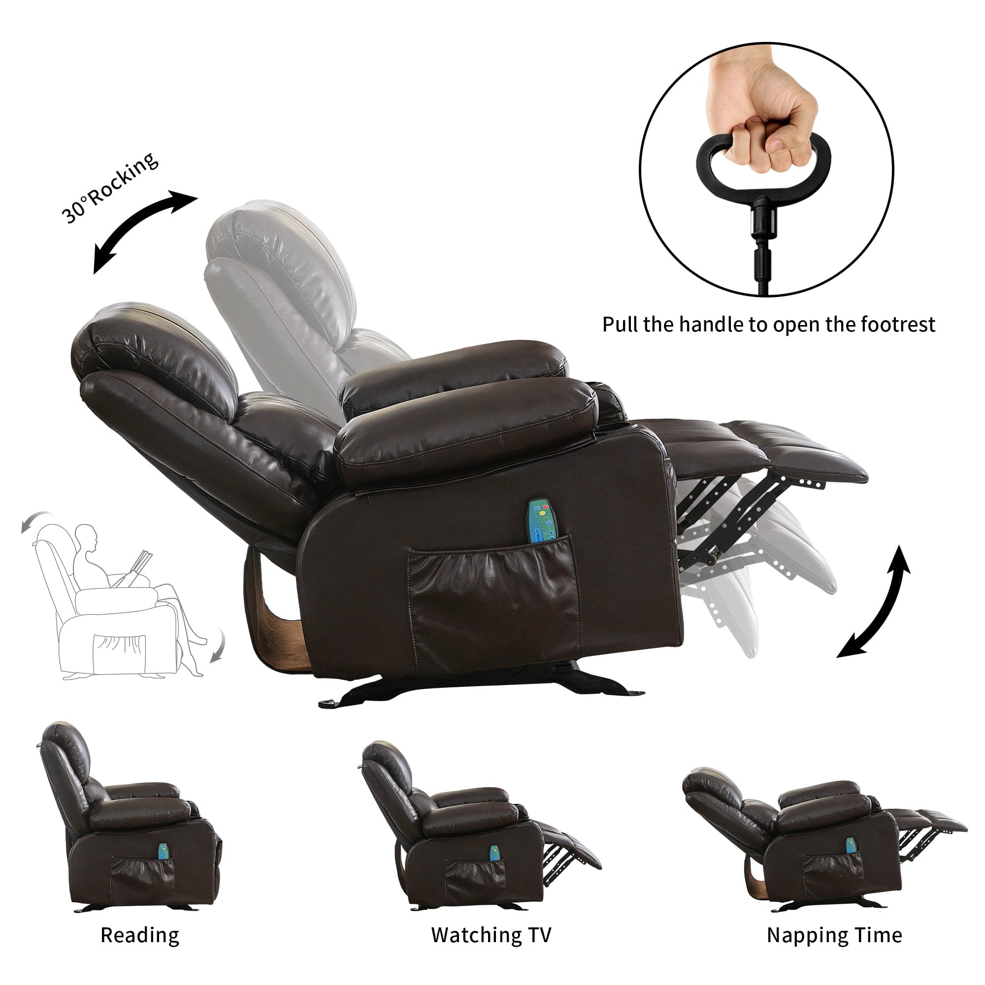 Vanbow.Recliner Chair Rocking Chairs for Adults Oversized with 2 Cup Holders, USB Charge Port Soft Features a Manual Massage and Heat.BROWN