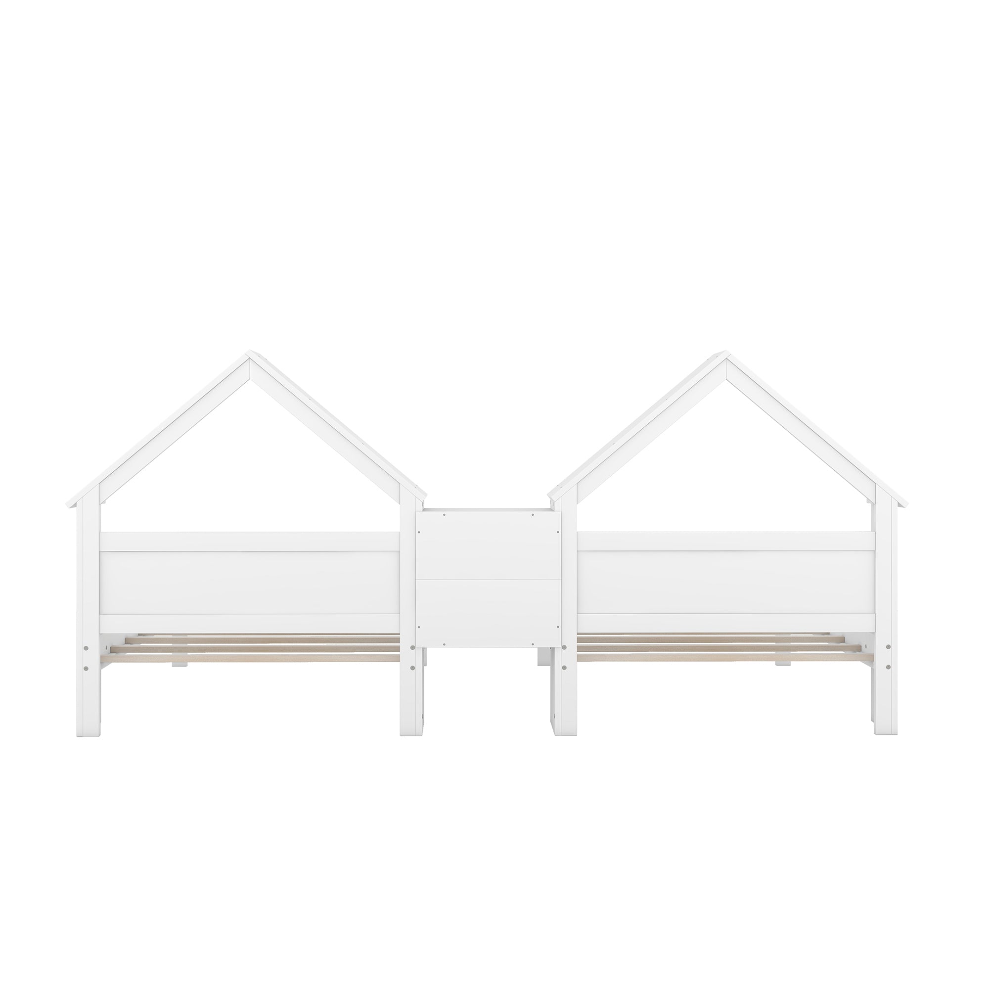 Double Twin Size Platform Bed with House-shaped Headboard and a Built-in Nightstand, White