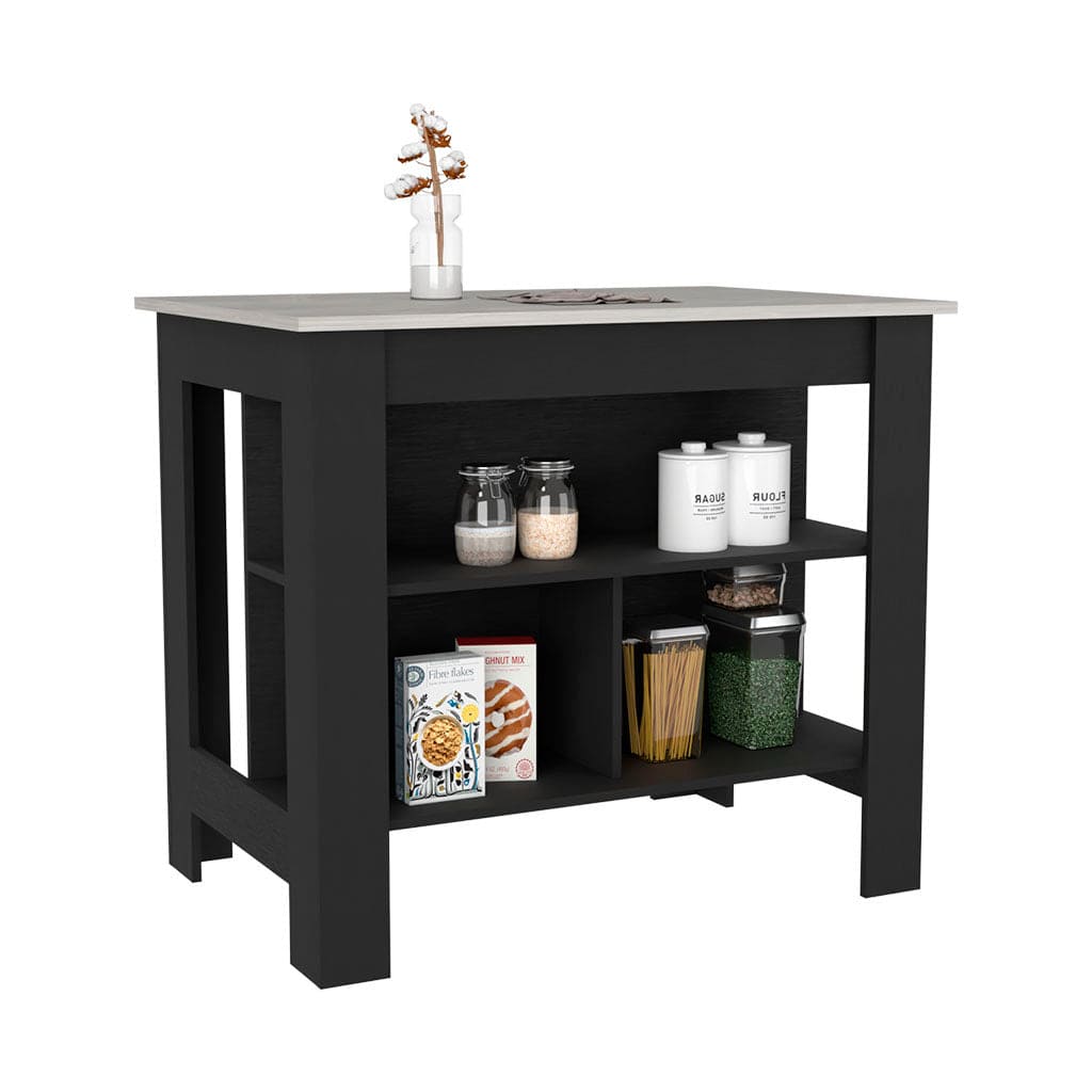 Kitchen Island Dozza, Three Shelves, Black Wengue / Ibiza Marble Finish