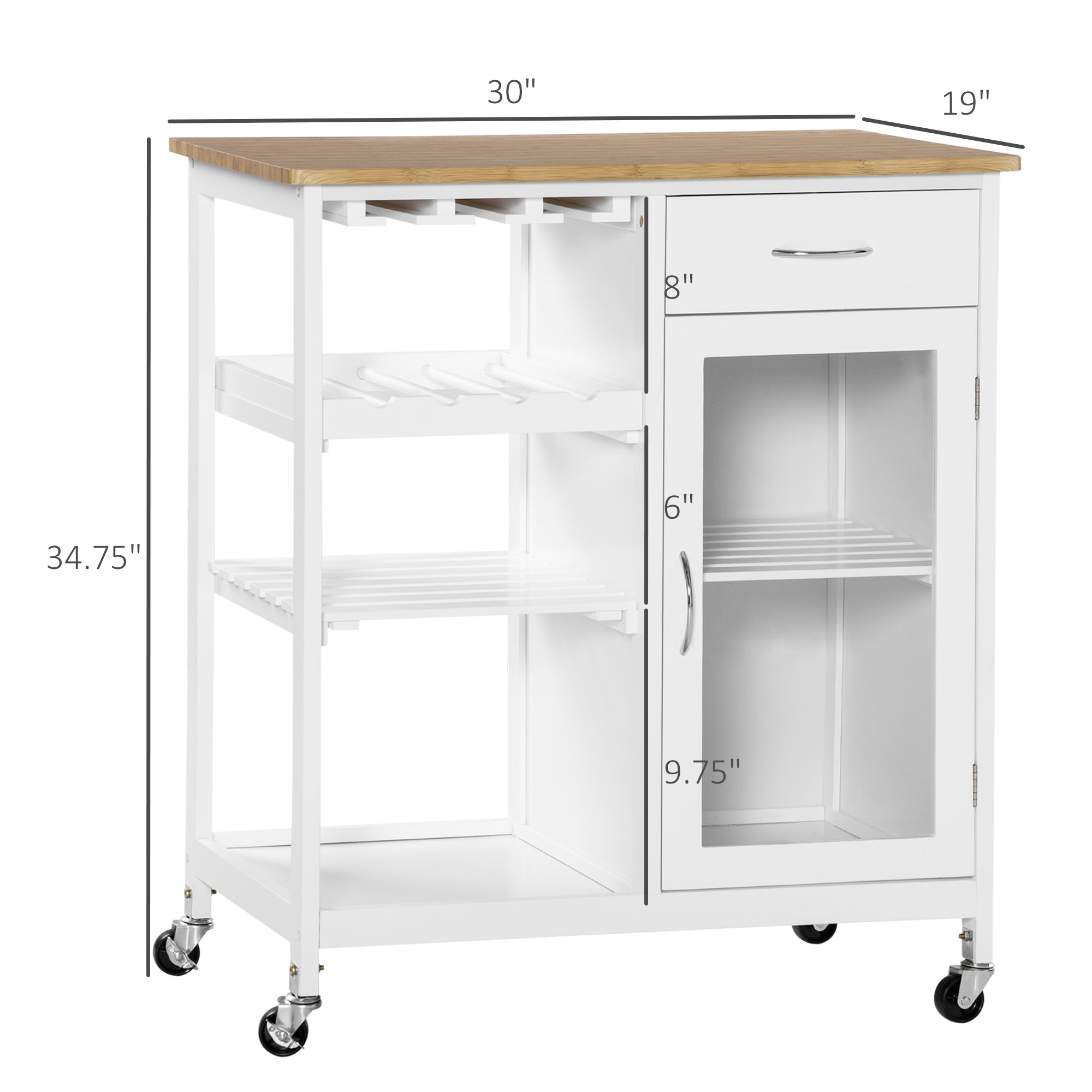 HOMCOM Rolling Kitchen Island with Storage, Kitchen Cart with 4-bottle Wine Rack, Bar Cart with Stemware Holder, Shelves, Drawer and Cabinet, White