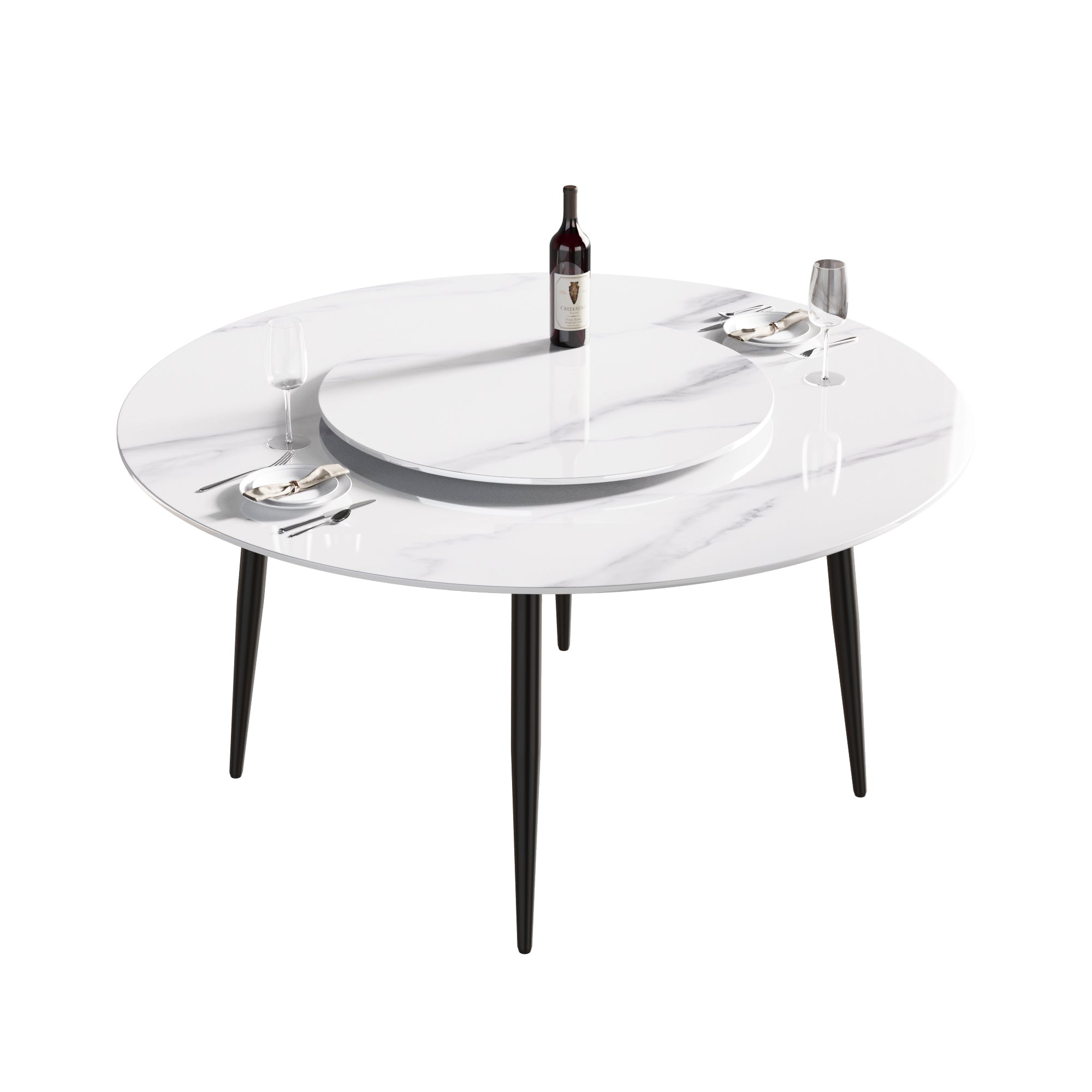 59.05"Modern artificial stone round black metal dining table-can accommodate 6 people-31.5"white artificial stone turntable