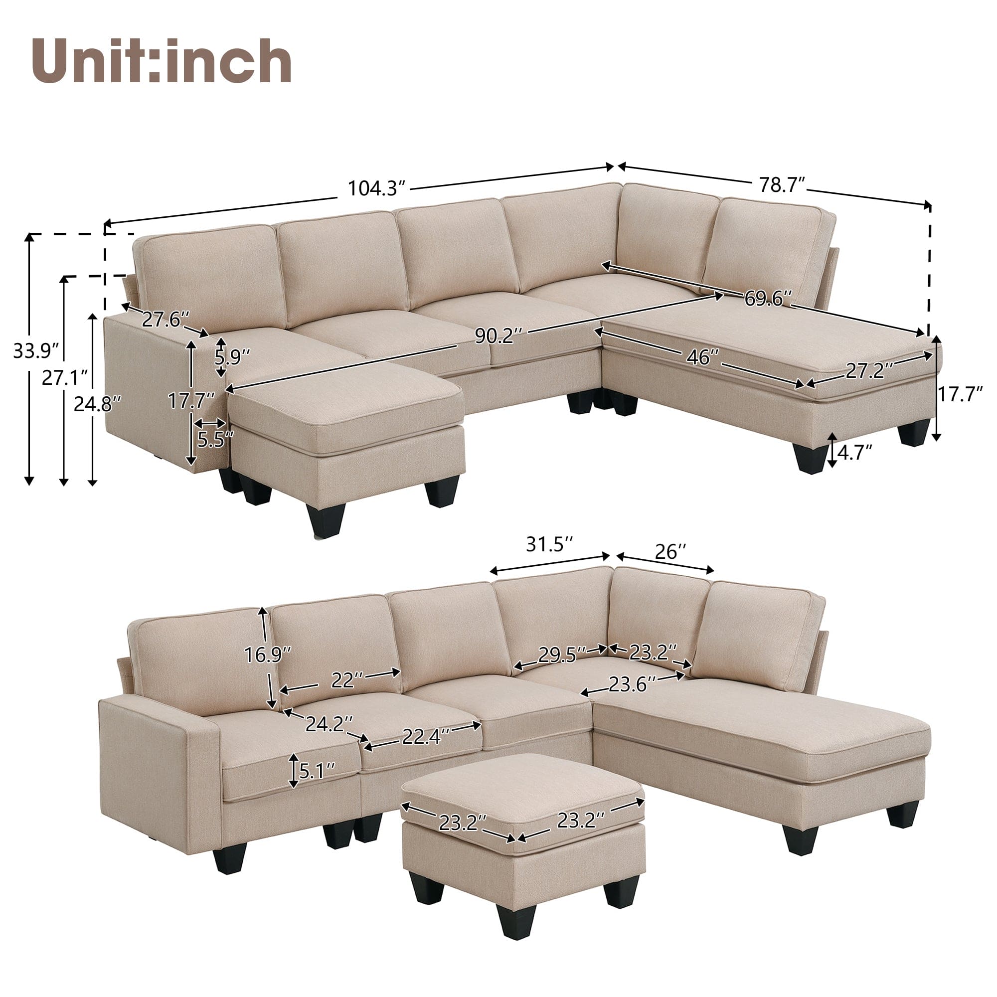 [VIDEO provided] [New] 104.3*78.7" Modern L-shaped Sectional Sofa,7-seat Linen Fabric Couch Set with Chaise Lounge and Convertible Ottoman for Living Room,Apartment,Office,3 Colors