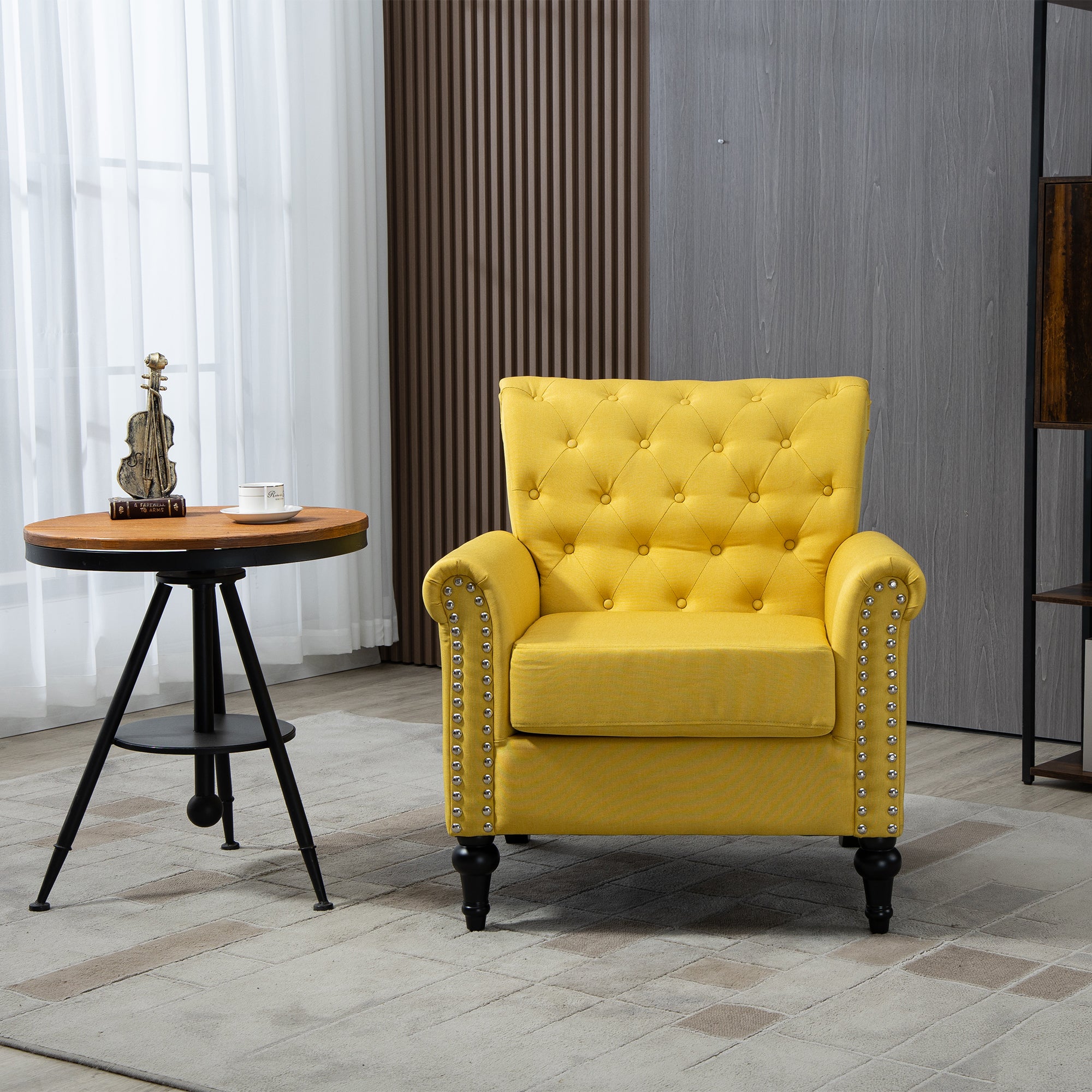 Mid-Century Modern Accent Chair, Linen Armchair w/Tufted Back/Wood Legs, Upholstered Lounge Arm Chair Single Sofa for Living Room Bedroom, YELLOW