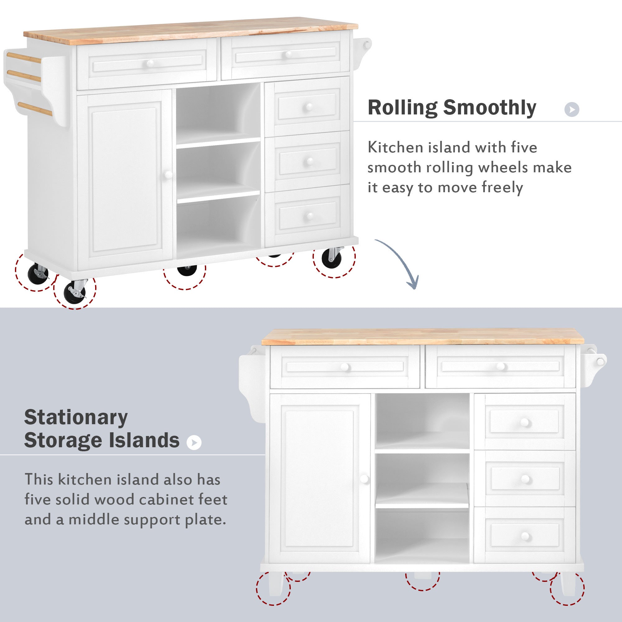 Kitchen cart with Rubber wood desktop rolling mobile kitchen island with storage and 5 draws 53 Inch  length(White)