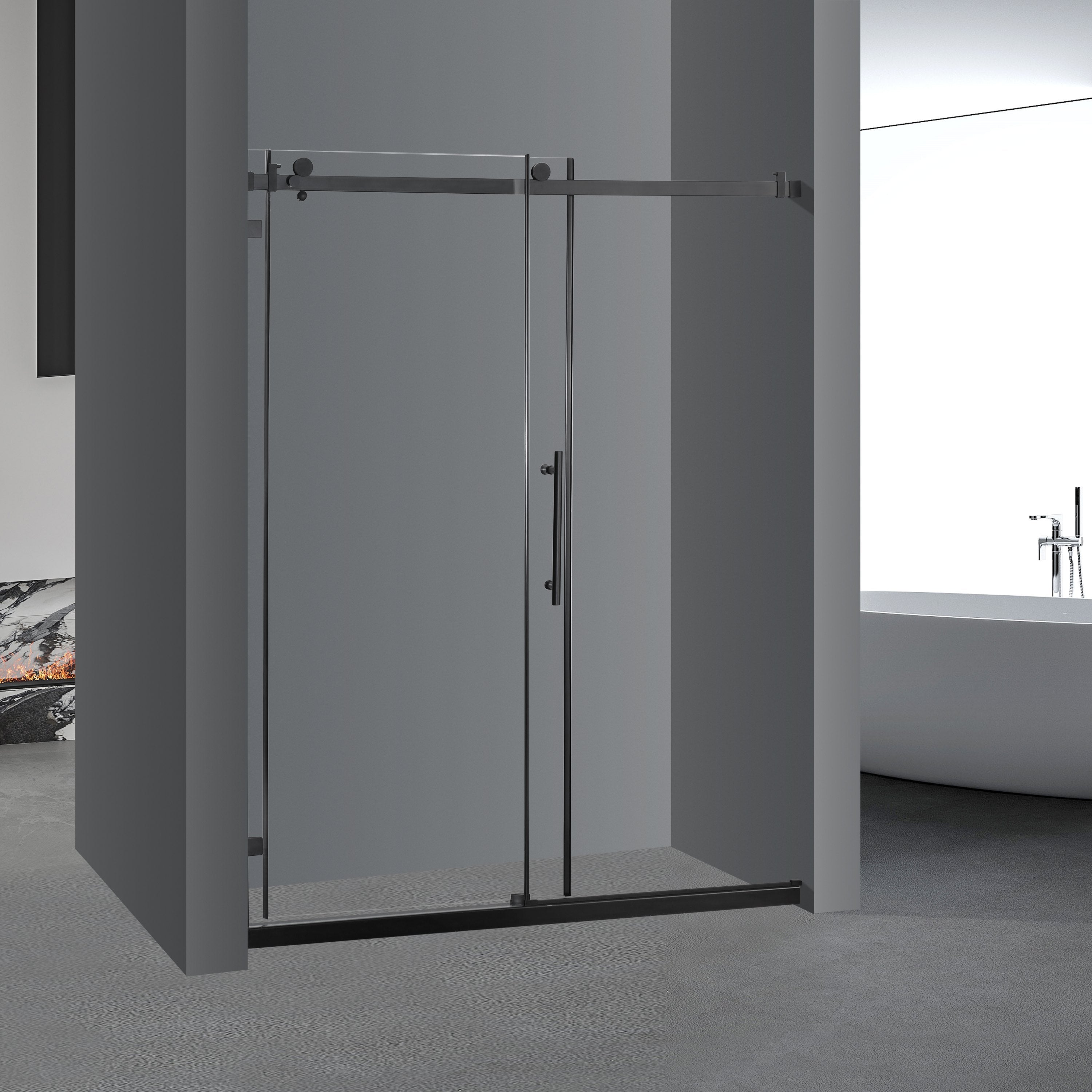 Frameless Sliding Glass Shower Doors 60" Width x 76"Height with 3/8"(10mm) Clear Tempered Glass, Matt Black Finish