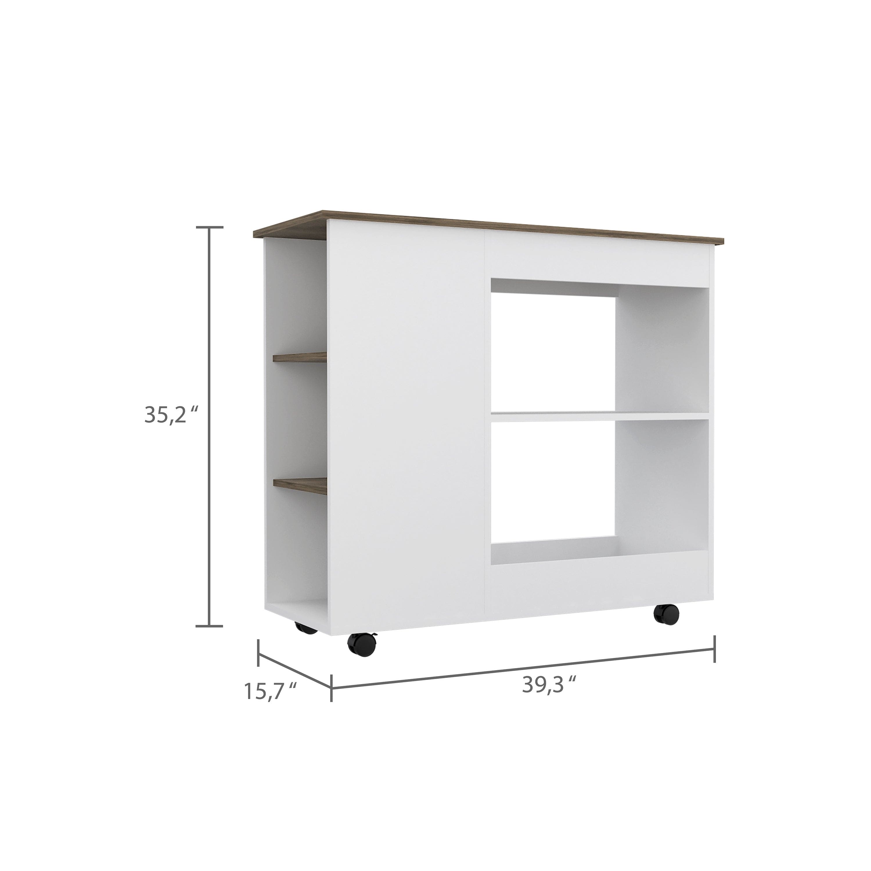 Kitchen Cart Kamizaze, Two Storage Shelves, Four Casters, Three Side Shelves, White / Dark Brown Finish