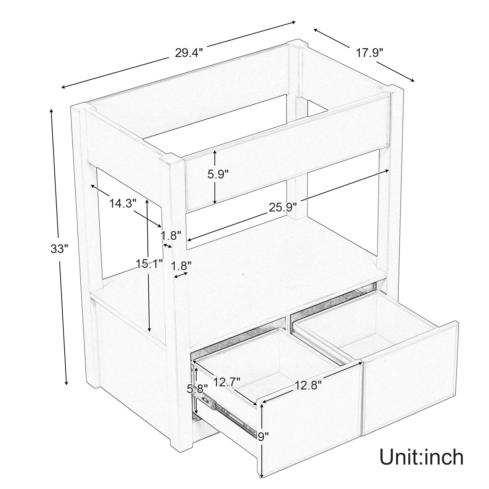 30" Bathroom Vanity without Sink Top, Cabinet Base Only, Open Storage Shelf and Two Drawers, Brown