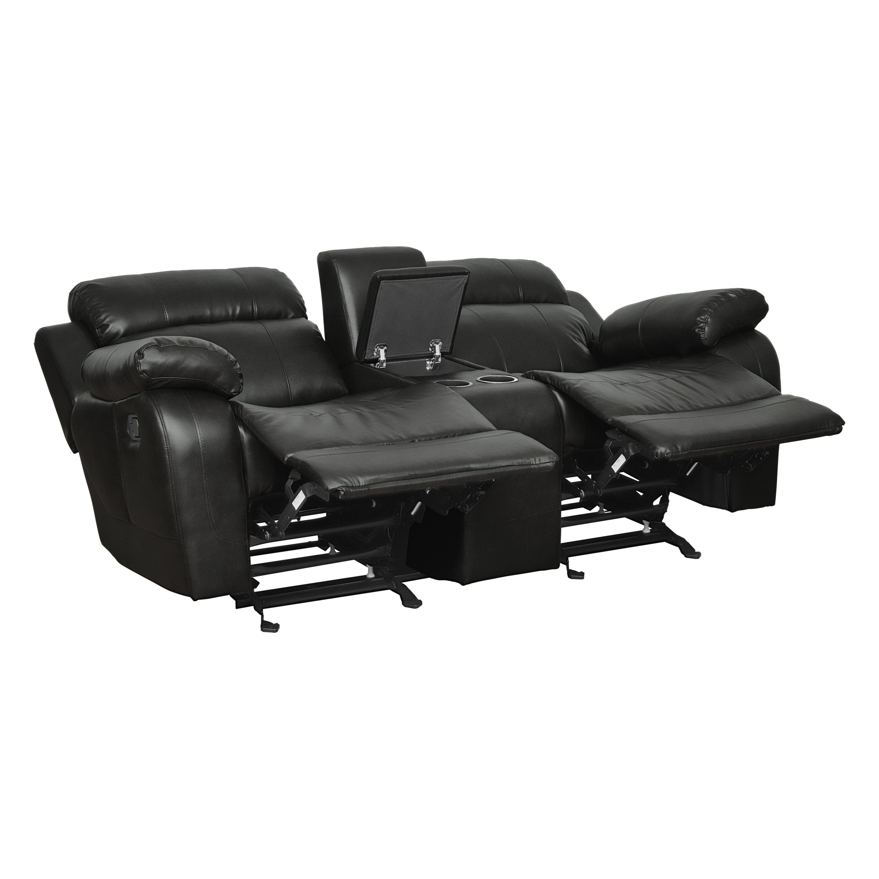 Double Glider Reclining Love Seat with Center Console Black Faux Leather Upholstered Contemporary Living Room Furniture