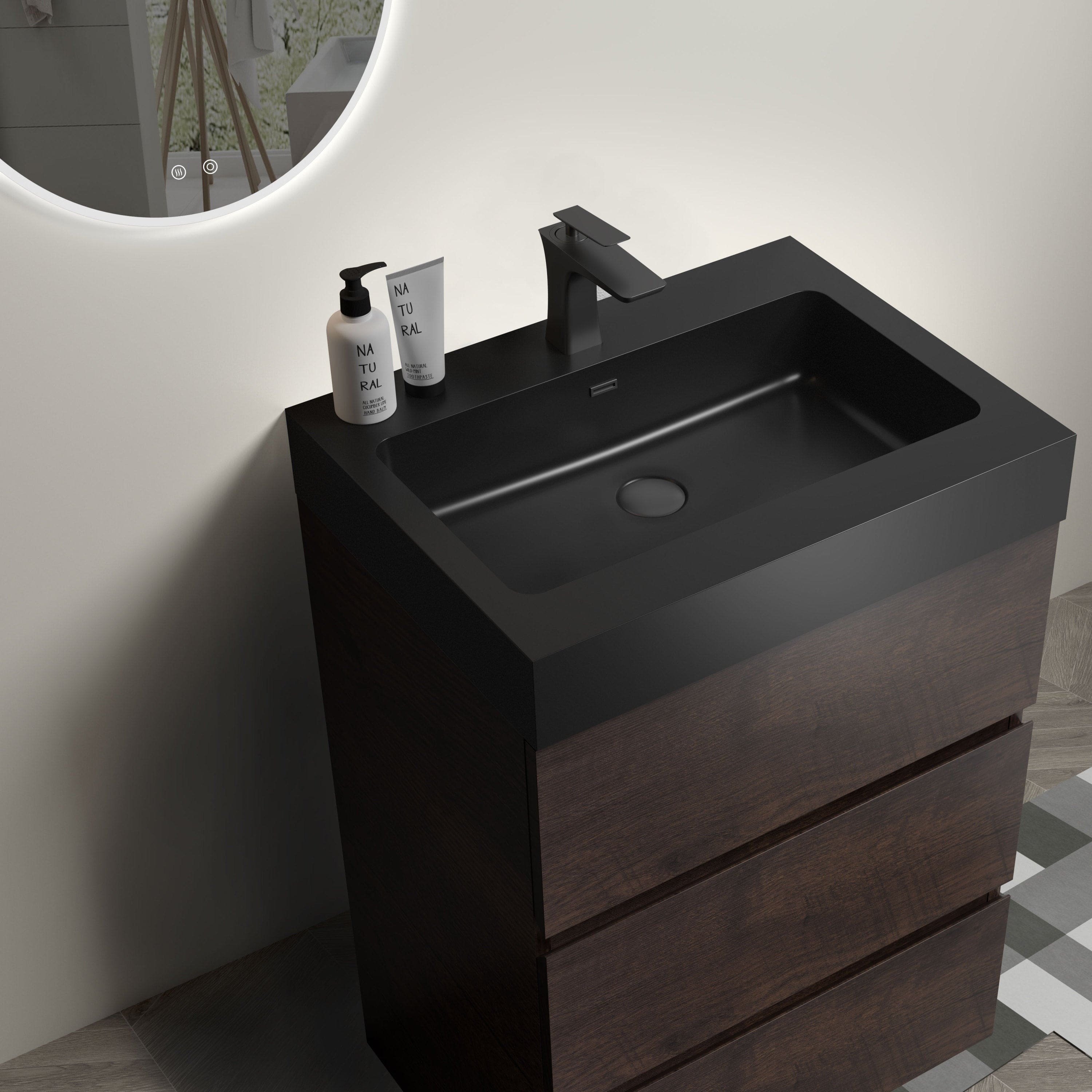 Alice 24" Walnut Bathroom Vanity with Sink, Large Storage Freestanding Bathroom Vanity for Modern Bathroom, One-Piece Black Sink Basin without Drain and Faucet