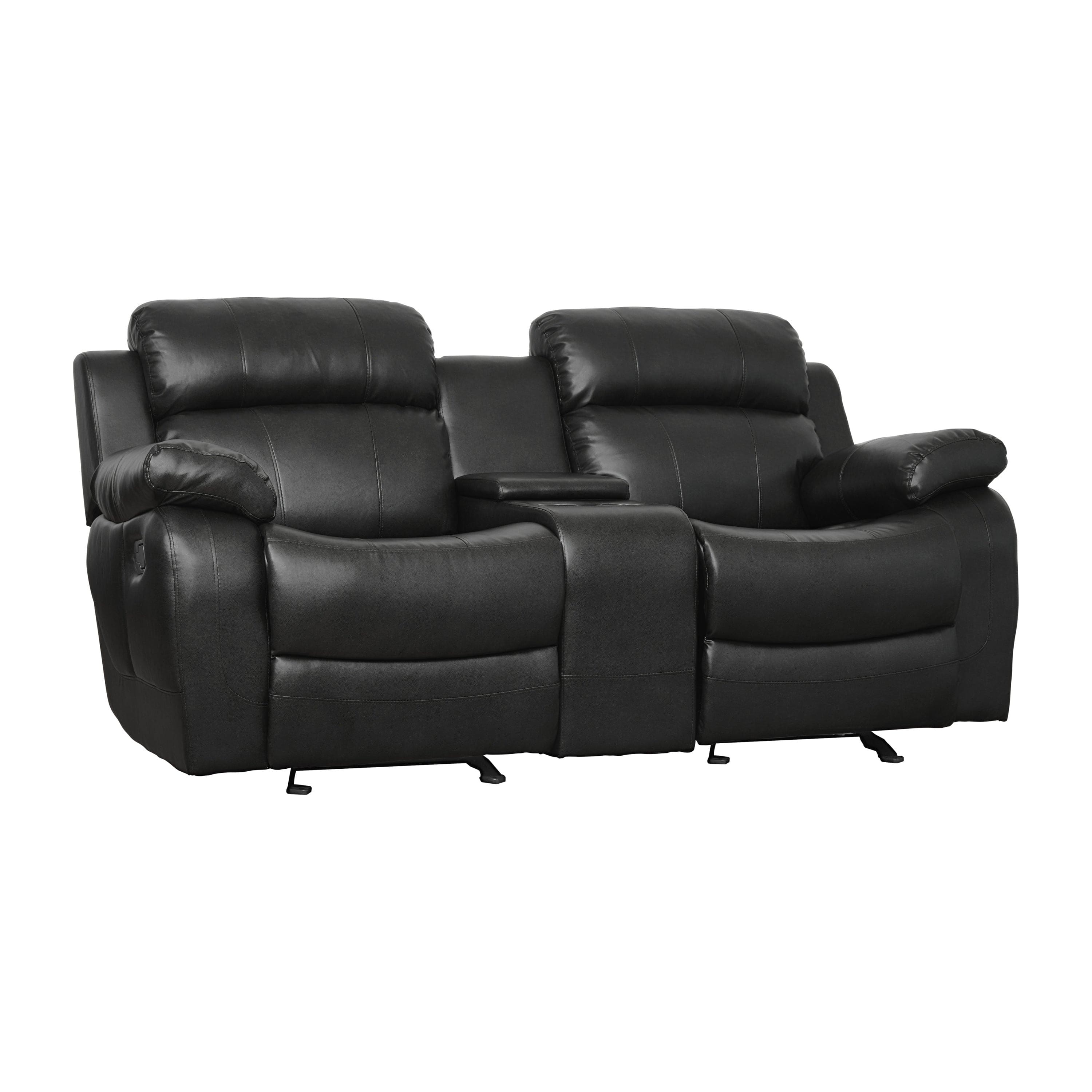 Double Glider Reclining Love Seat with Center Console Black Faux Leather Upholstered Contemporary Living Room Furniture