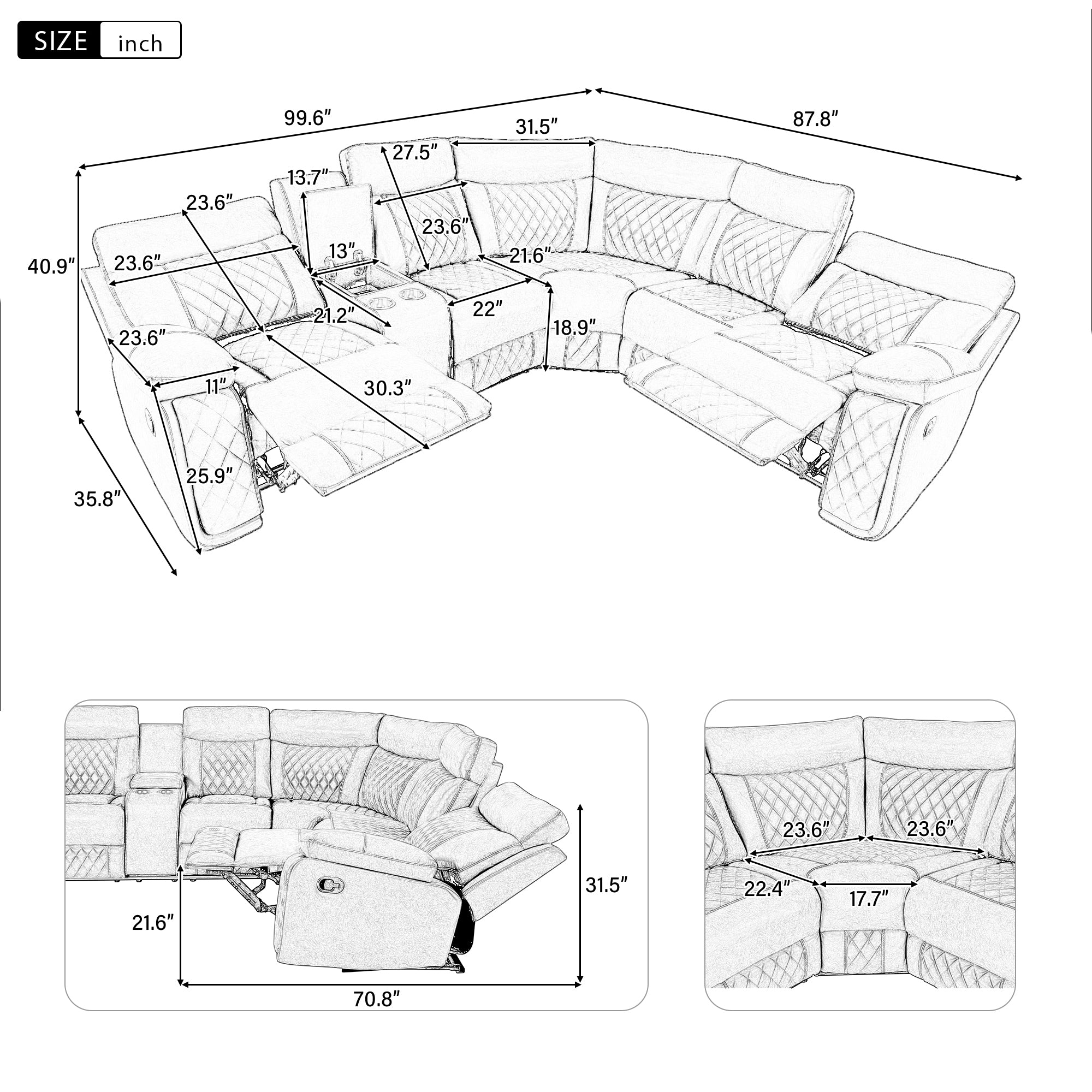 Home Theater Seating Manual Recliner with Cup Holder, Hide-Away Storage PU Reclining Sofa for Living Room, Home Theater, Gray