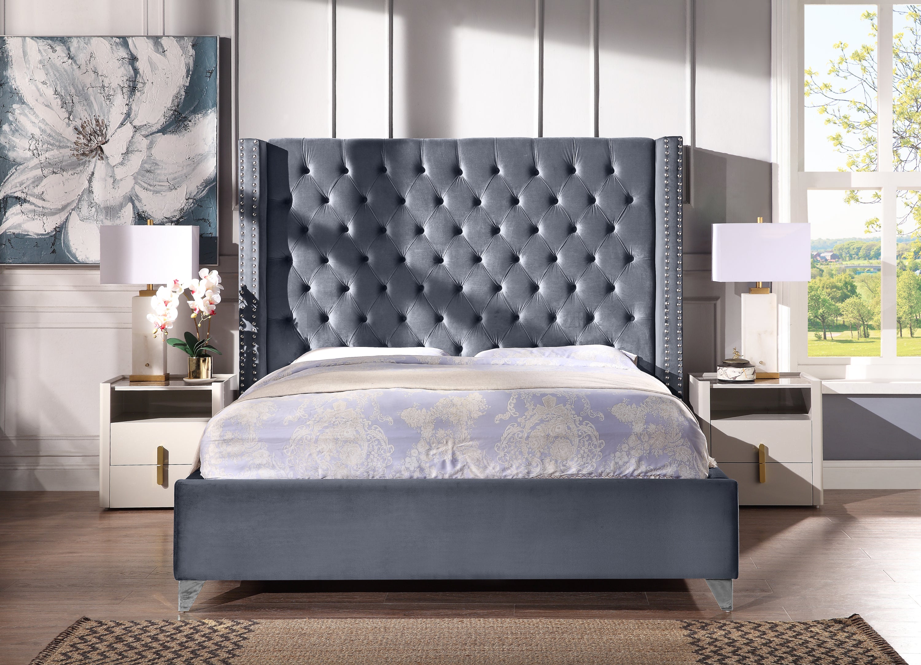 Contemporary Velvet Upholstered Bed with Deep Button Tufting, Solid Wood Frame, High-density Foam, Silver Metal Leg, Queen Size