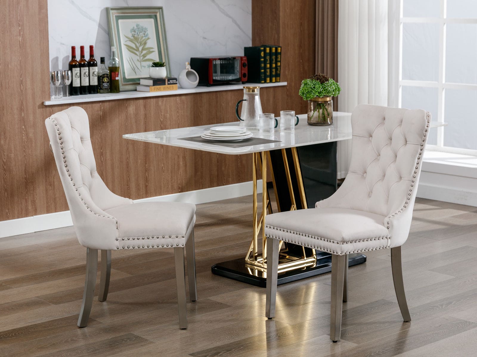 Nikki Collection Modern, High-end Tufted Solid Wood Contemporary Velvet Upholstered Dining Chair with Chrome Stainless Steel Plating Legs,Nailhead Trim,Set of 2，Beige and Chrome, SW1701BG