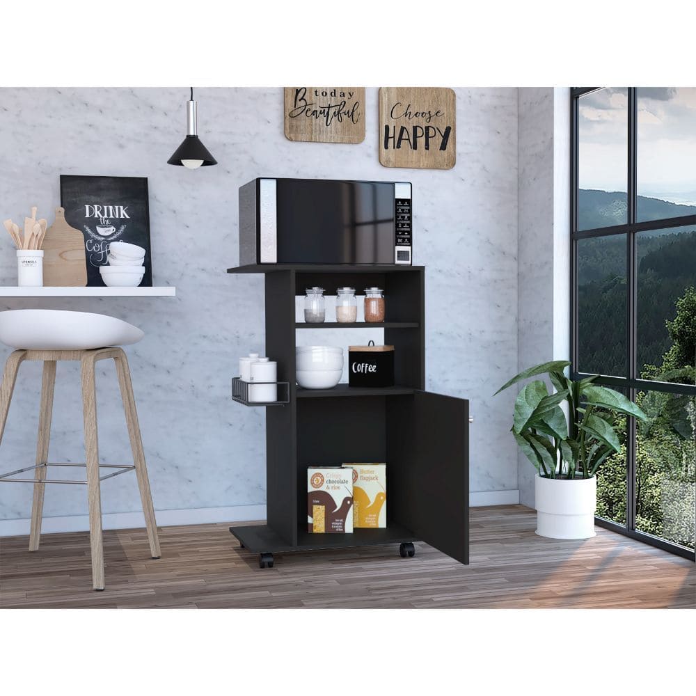 Kitchen Cart Kryot, Single Door Cabinet, Four Casters, Black Wengue Finish