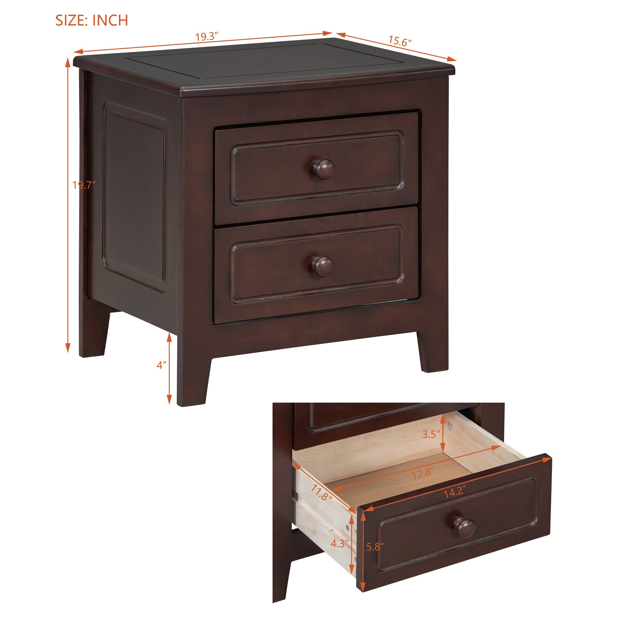 2-Drawer Nightstand for Bedroom, Mid Century Retro Bedside Table with Classic Design,Dark Walnut