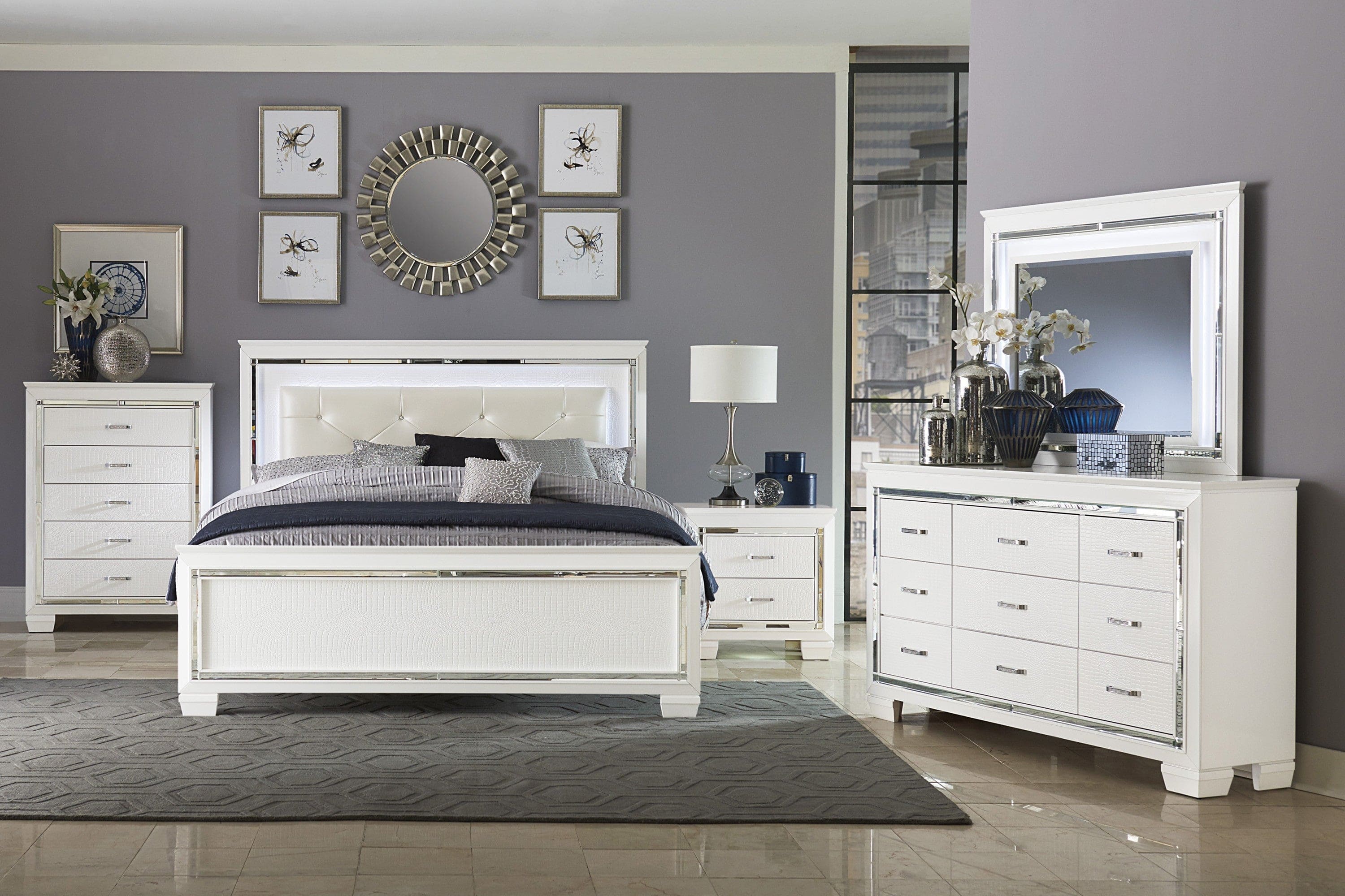 White Finish Dresser Bold Design 9 Drawers Glamorous Faux-Alligator Textured Fronts Wooden Bedroom Furniture