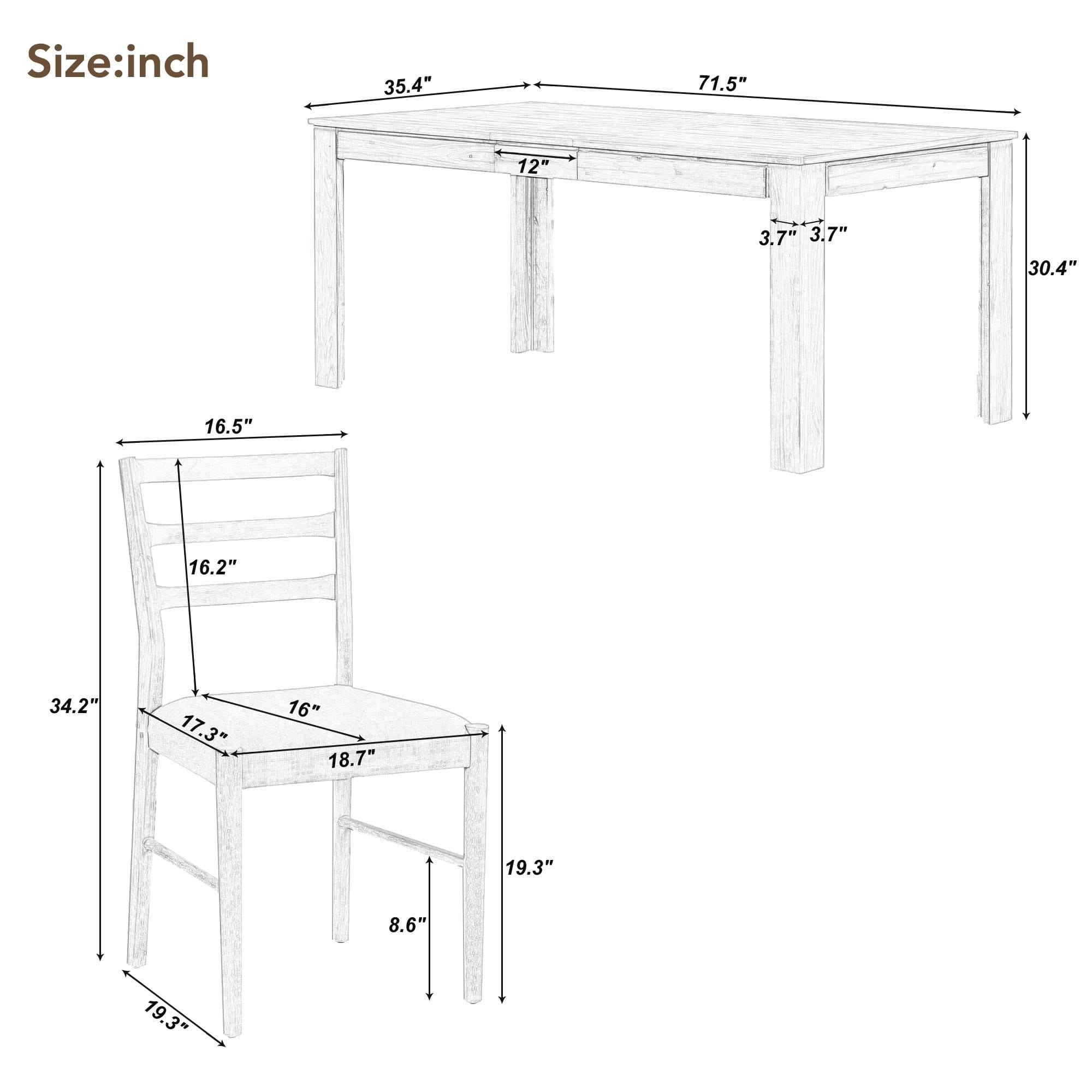 TREXM 7-Piece Wooden Dining Table Set Mutifunctional Extendable Table with 12" Leaf and 2 Drawers, 6 Dining Chairs with Soft Cushion (Natural Wood Wash)