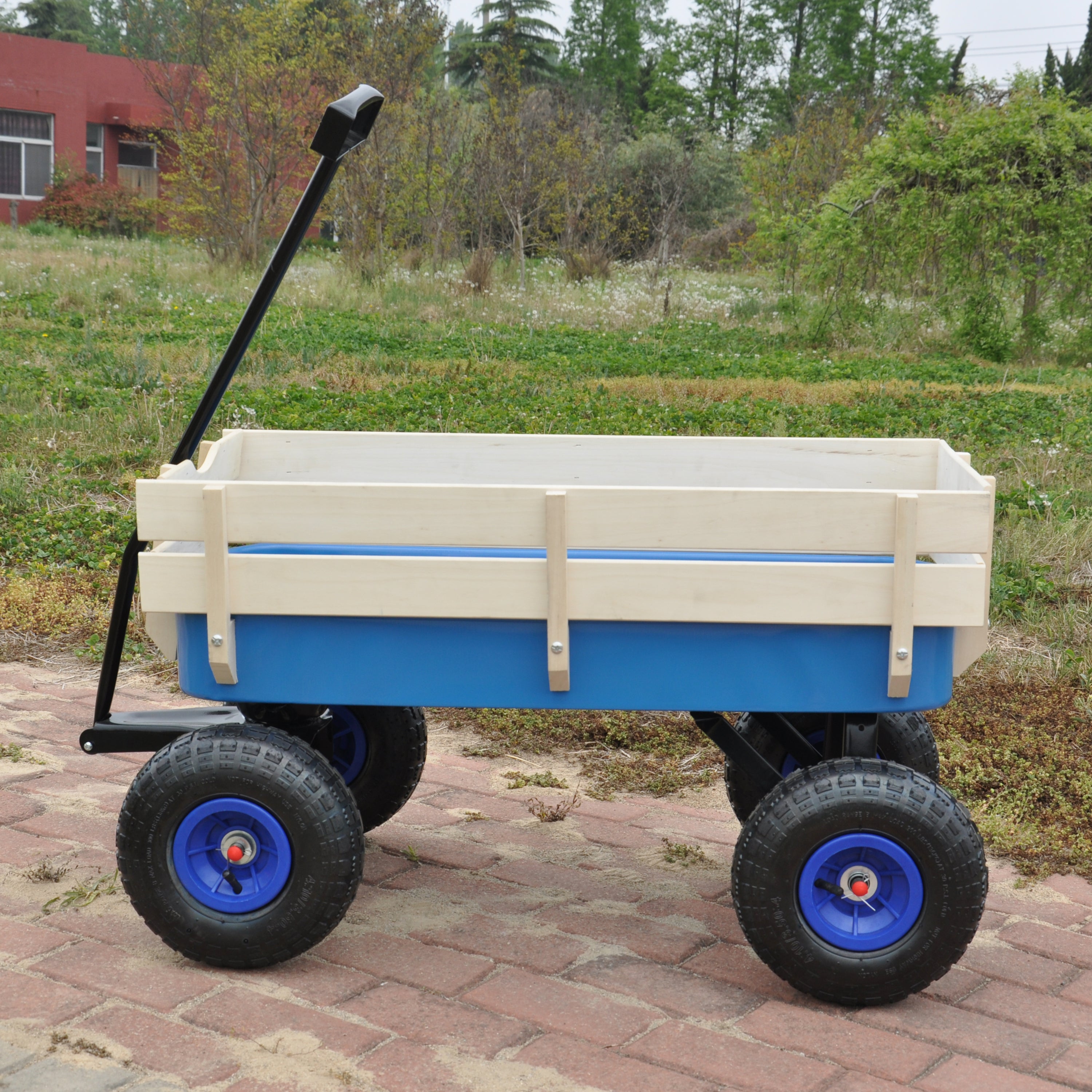 Outdoor Wagon All Terrain Pulling w/Wood Railing Air Tires Children Kid Garden