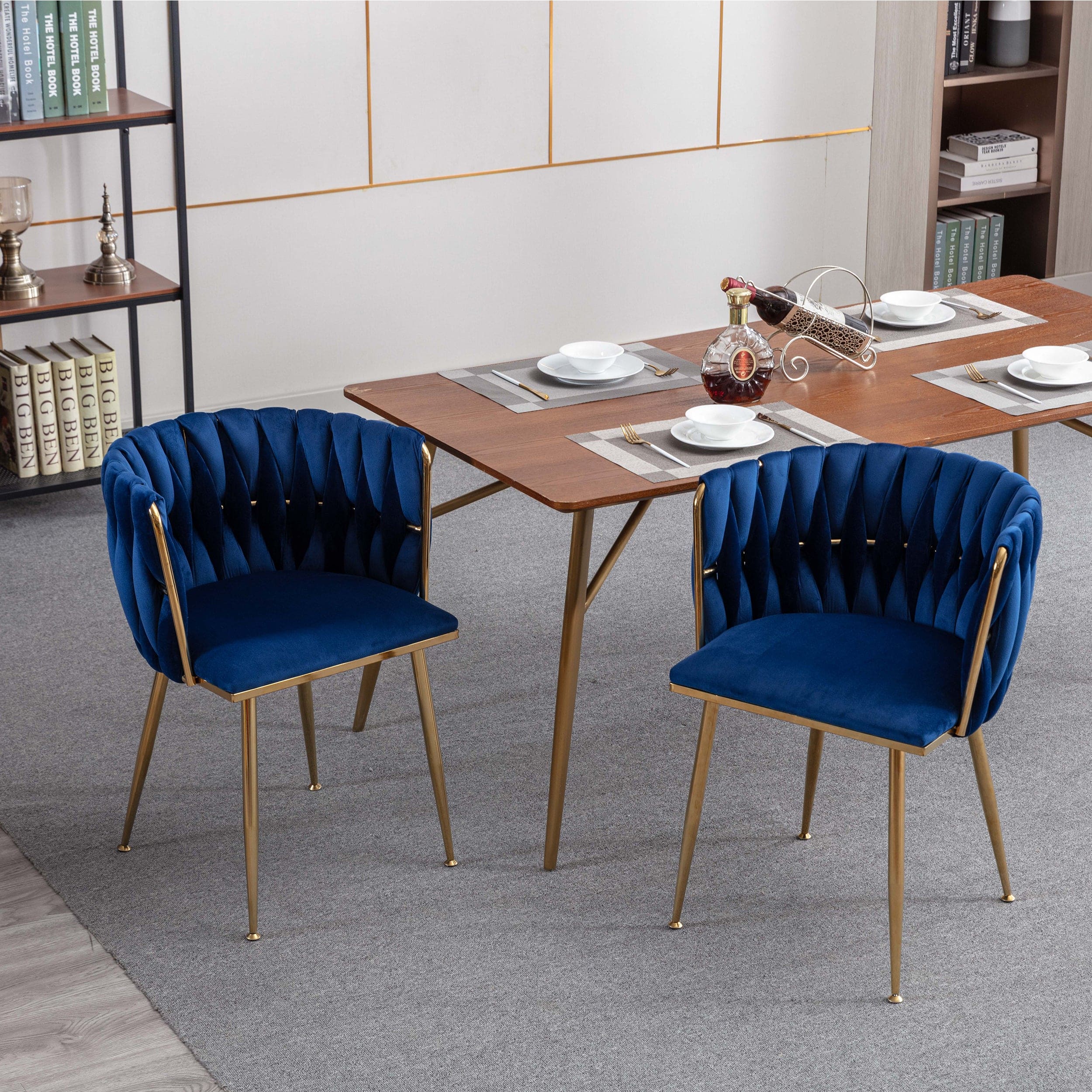 Modern Design Golden Metal Frame Velvet Fabric Dining Chair with Golden Legs,Set of 2,Navy