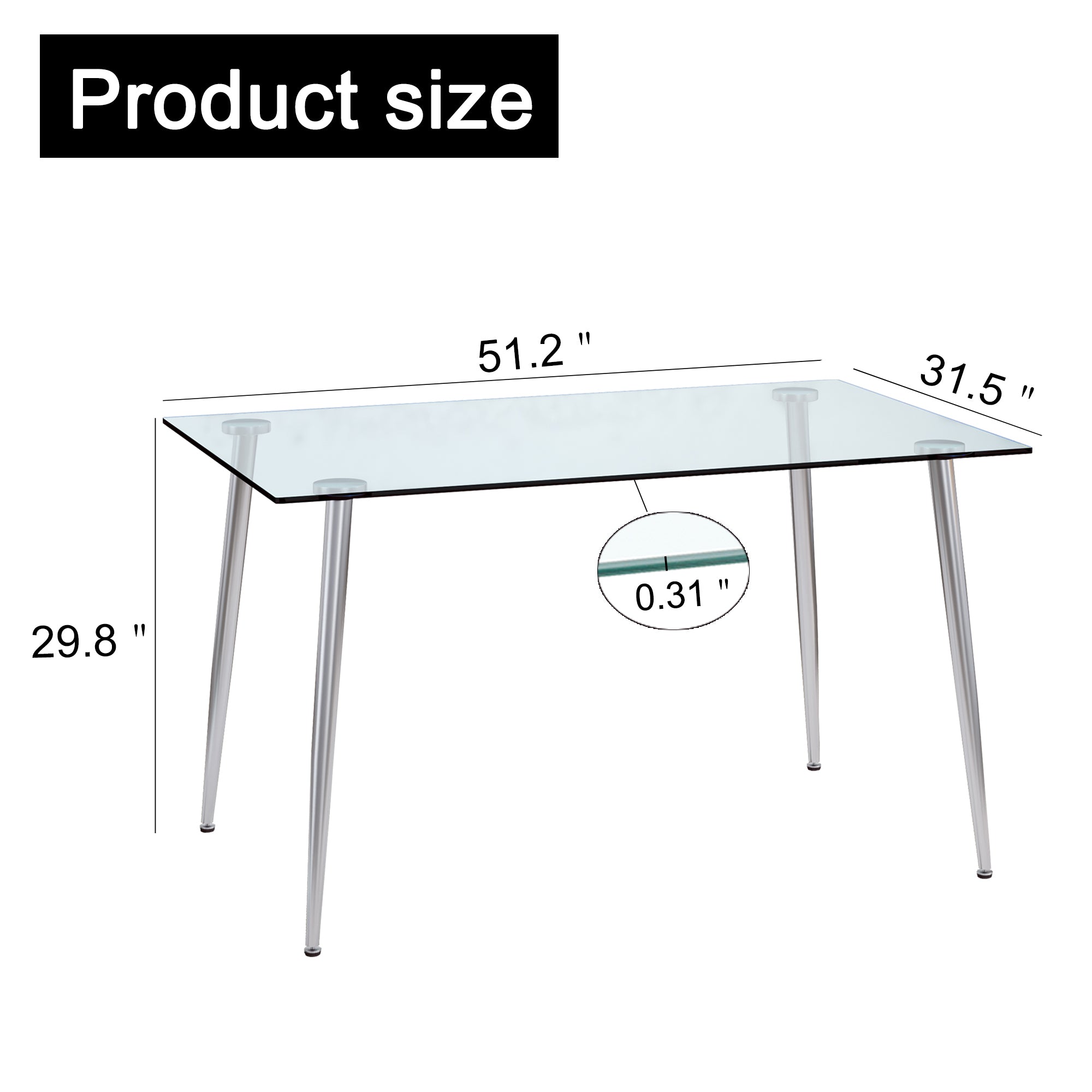 Modern Minimalist Rectangular Glass  Dining Table for 4-6 with 0.31" Tempered Glass Tabletop and Silver plating Metal Legs, Writing Table Desk, for Kitchen Dining Living Room, 51" *31"* 30" .F-1544