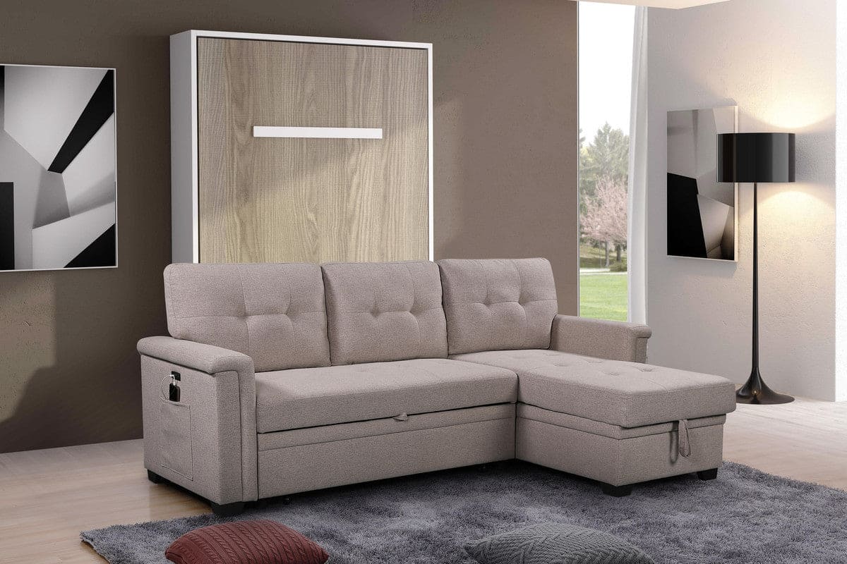 Ashlyn Light Gray Reversible Sleeper Sectional Sofa with Storage Chaise, USB Charging Ports and Pocket