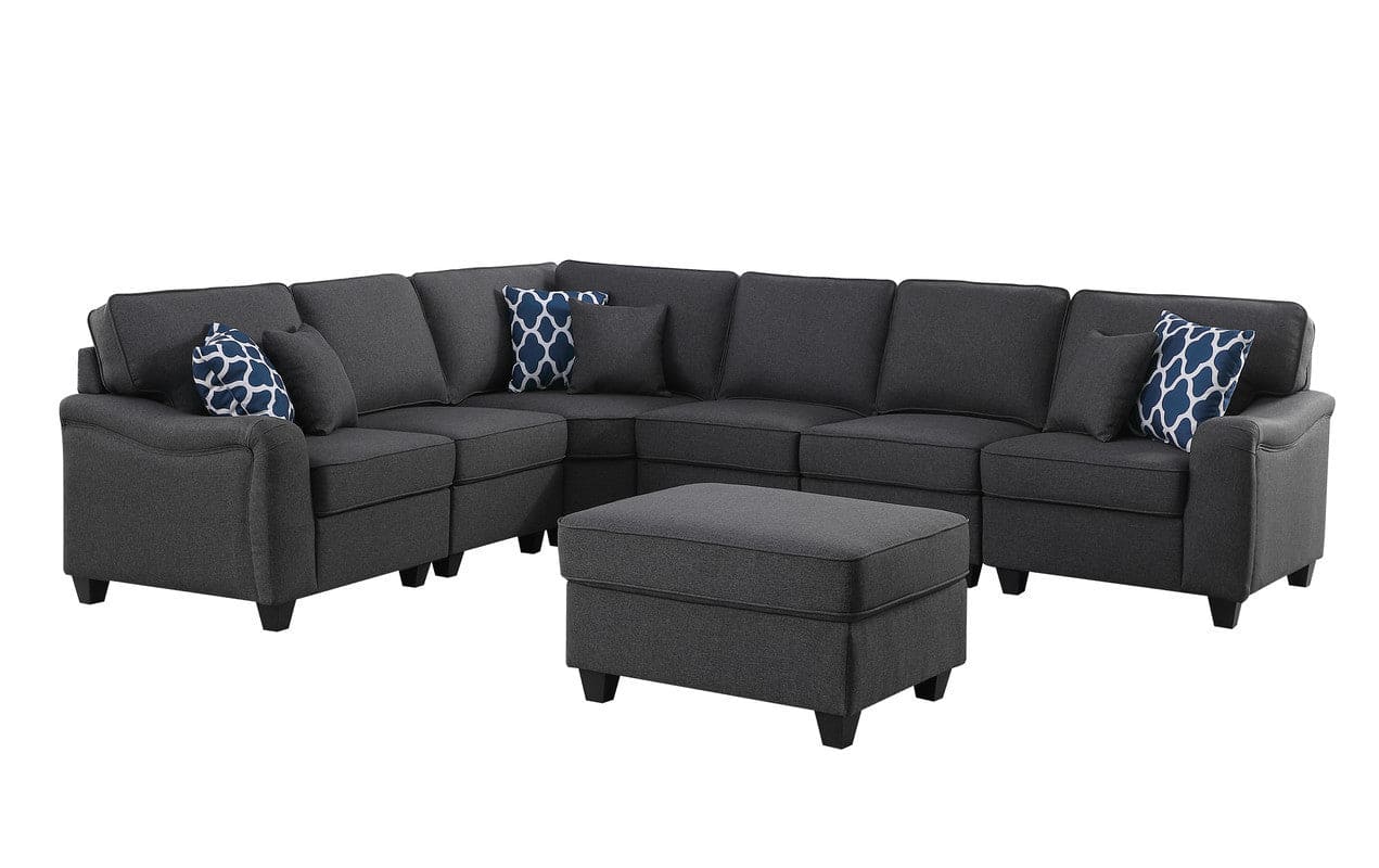 Leo Dark Gray Linen 7Pc Modular L-Shape Sectional Sofa and Ottoman