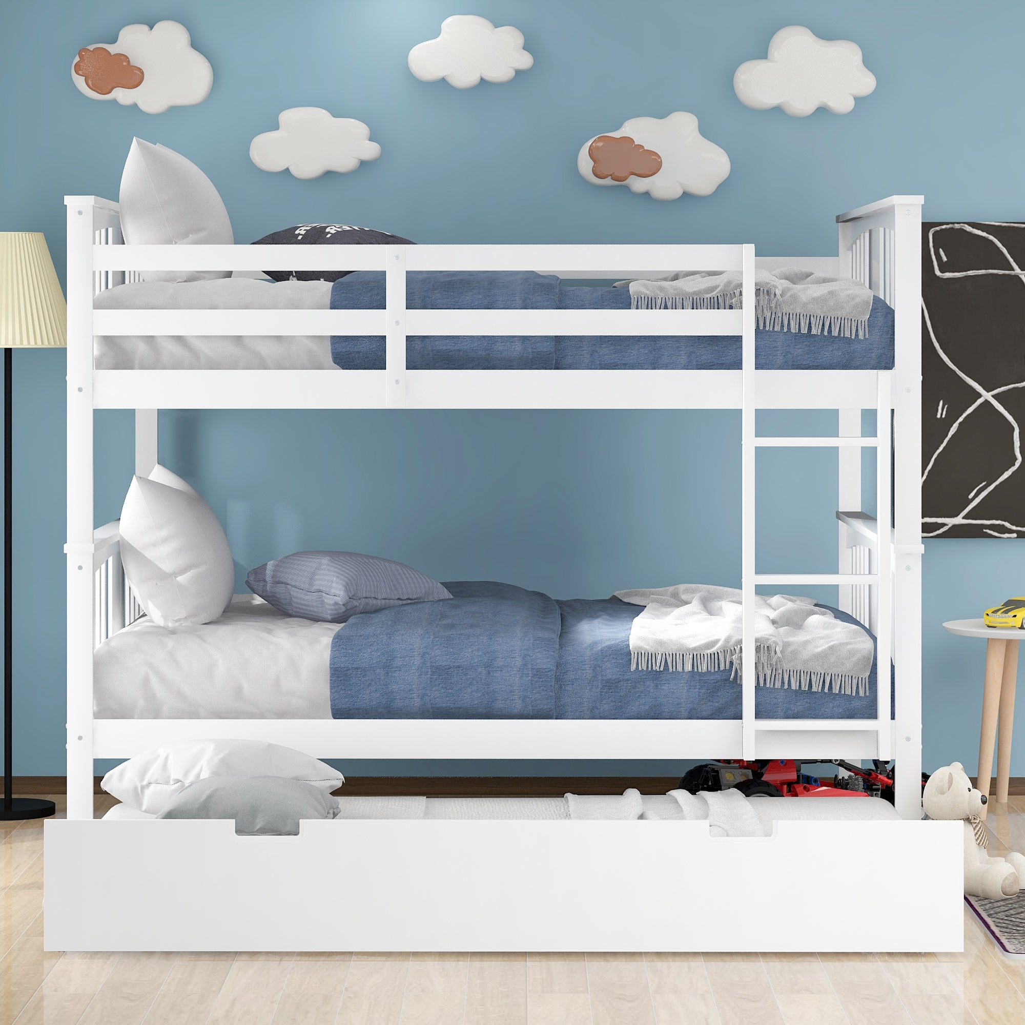 Full over Full Bunk Bed with Twin Size Trundle and Ladder-White(Old SKU: LP000204AAK)