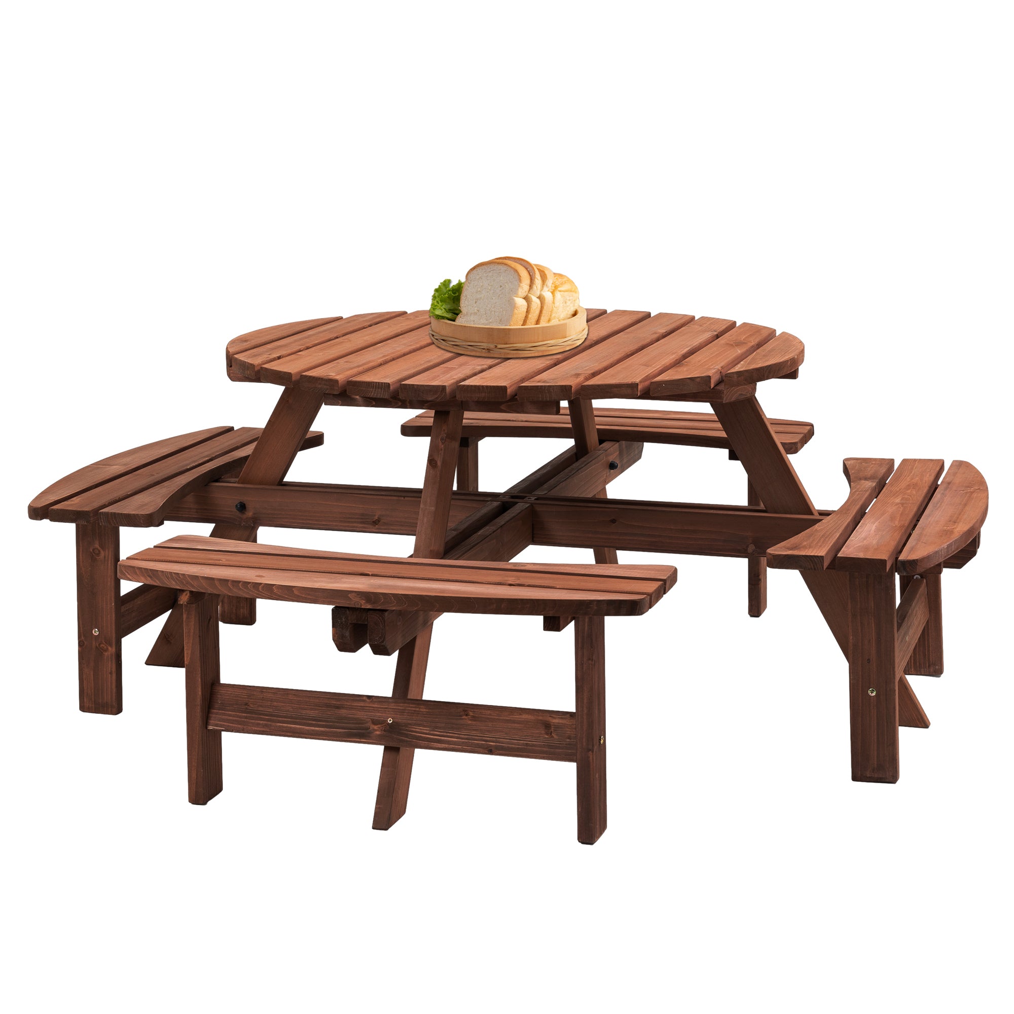 8 Person Wooden Picnic Table, Outdoor Camping Dining Table with Seat, Garden, DIY w/ 4 Built-in Benches, 2220lb Capacity