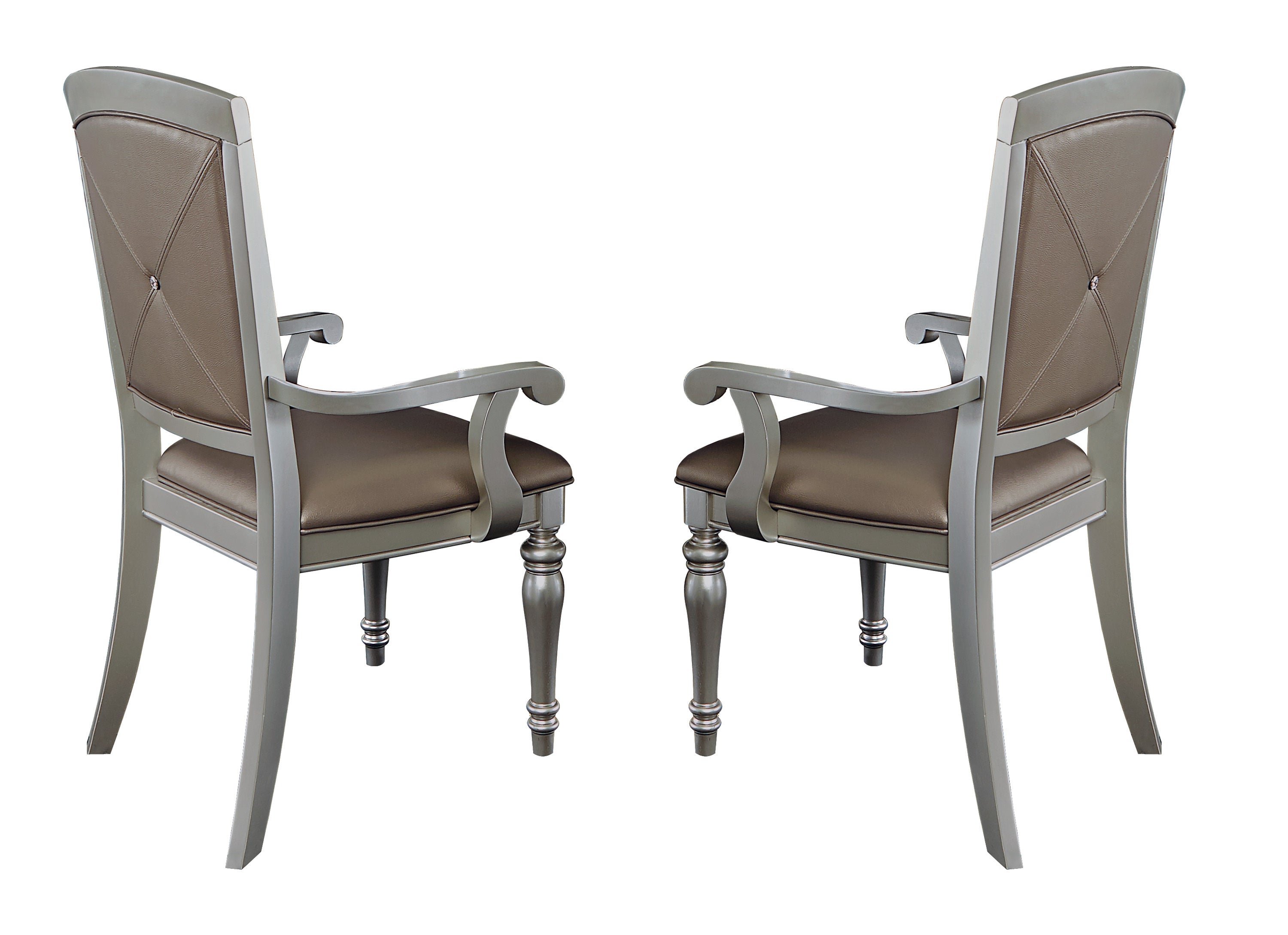 Glamorous Crystal Button-Tufted Set of 2 Arm Chairs Silver Finish Upholstered Seat Back Modern Dining Furniture