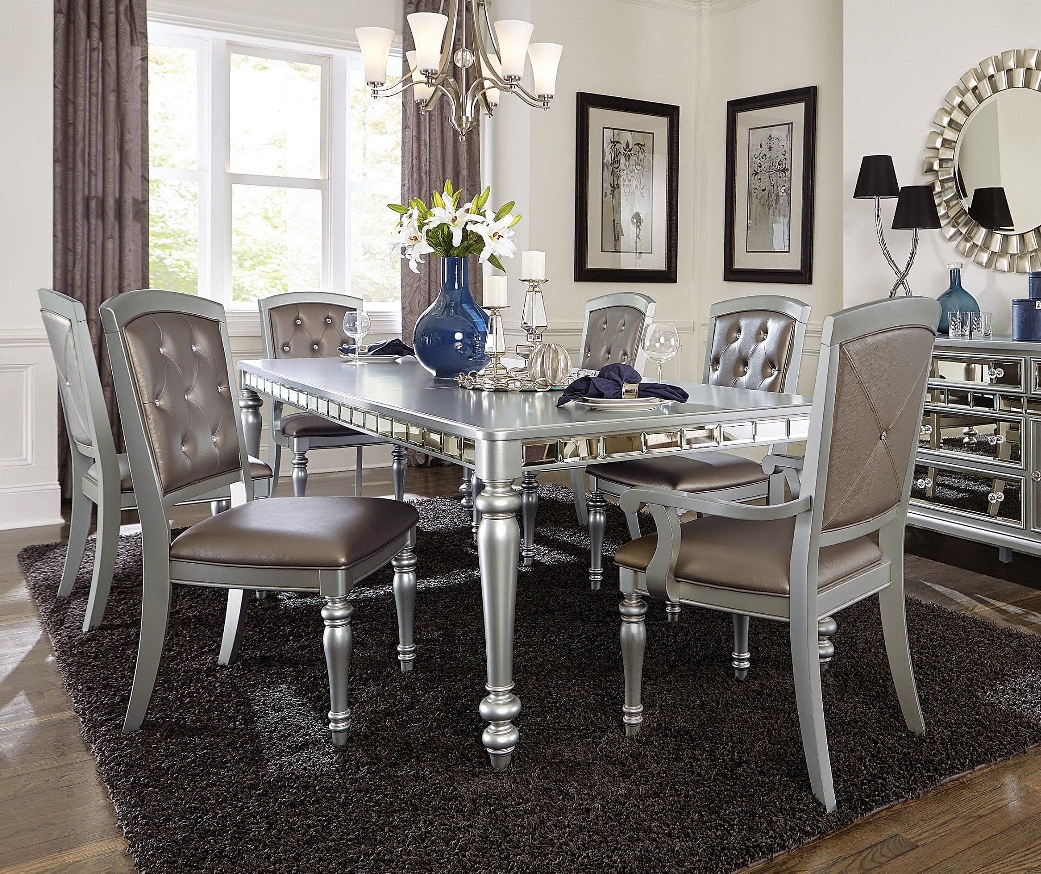 Glamourous Silver Finish Rectangular Dining Table 1pc Draw Leaf Mirror Trim Apron Dining Room Furniture