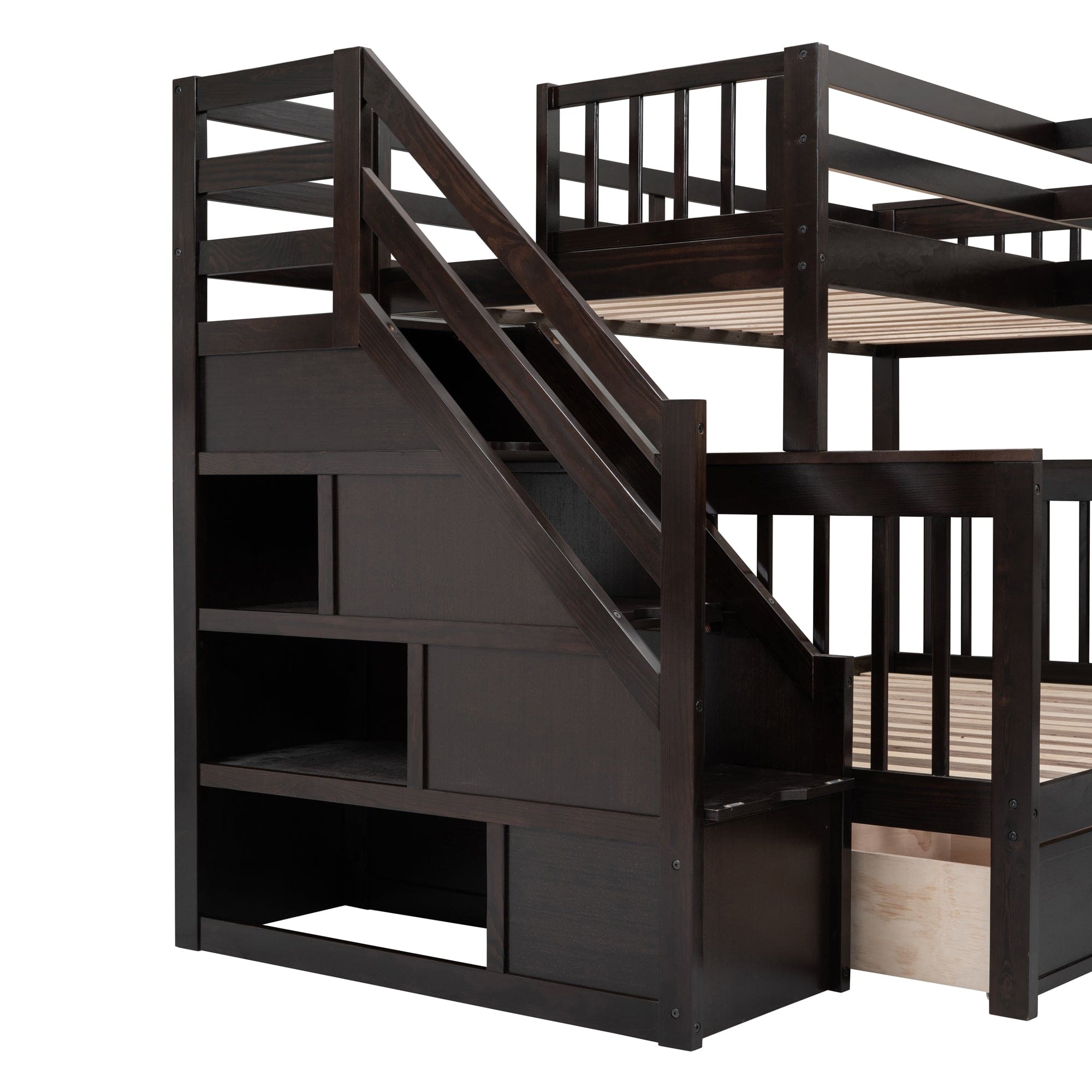 Twin-Twin over Full L-Shaped Bunk Bed With 3 Drawers, Portable Desk and Wardrobe, Espresso