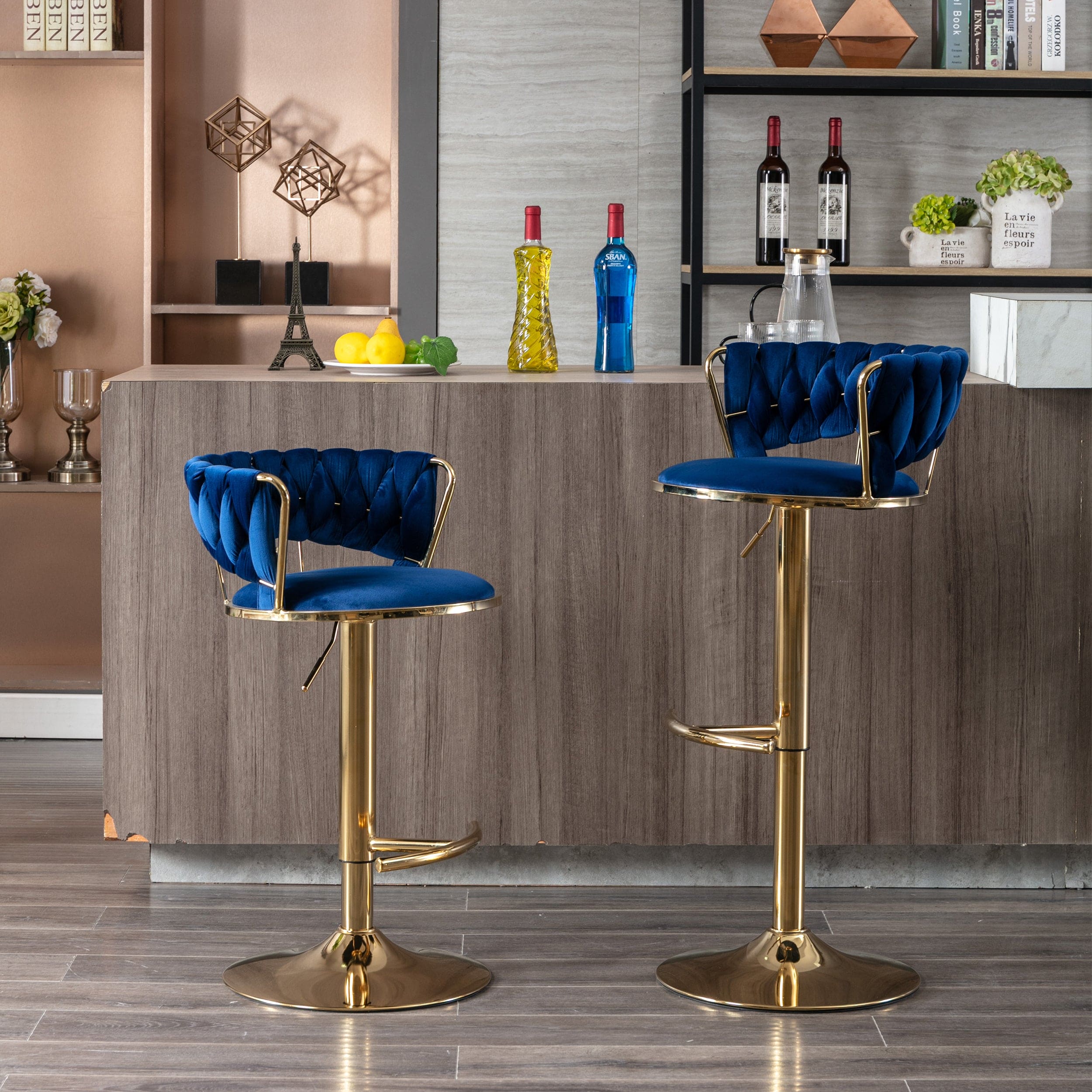 Set of 2  Bar Stools,with Chrome Footrest and Base Swivel Height Adjustable Mechanical Lifting Velvet + Golden Leg Simple Bar Stool-BLUE