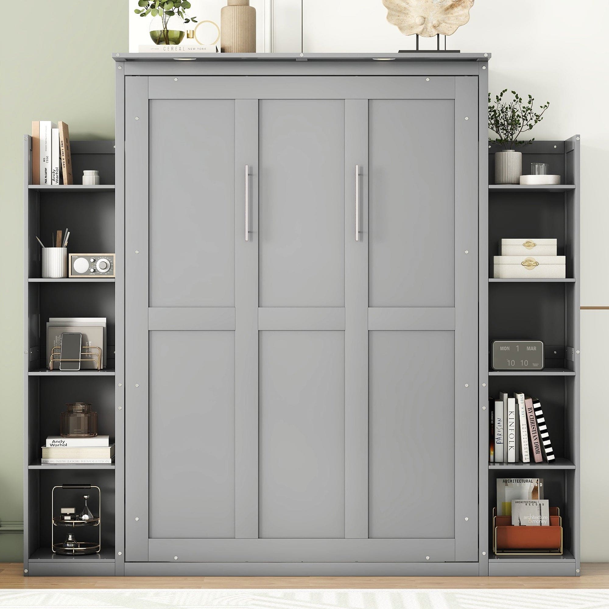 Full Size Murphy Bed Wall Bed with Shelves and LED Lights,Gray