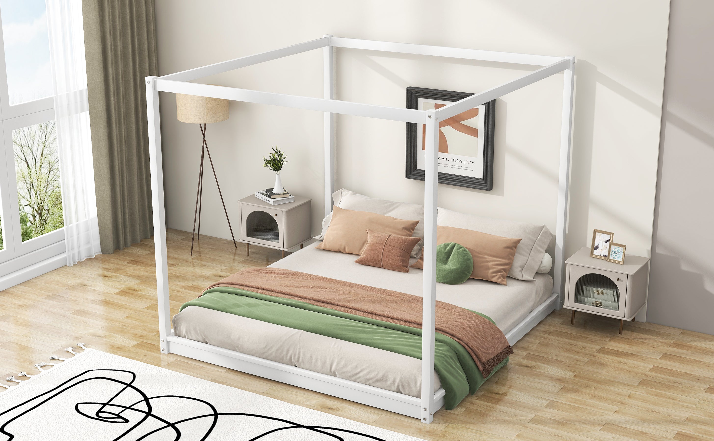 King Size Canopy Platform Bed with Support Legs,White