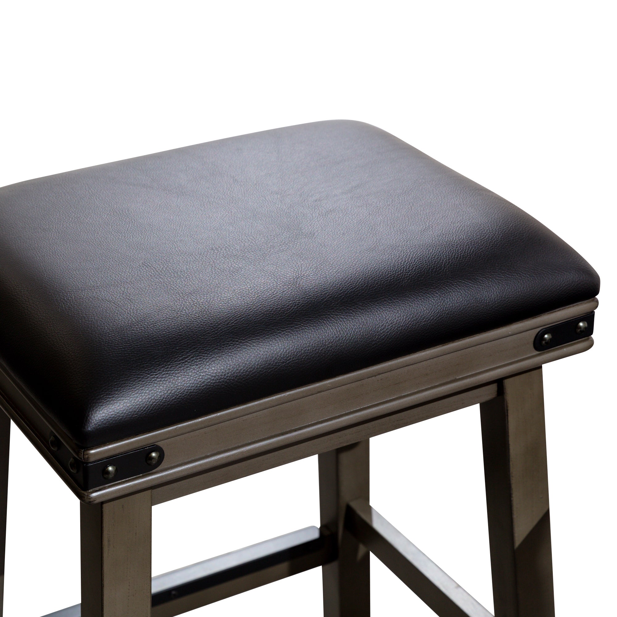 30" Bar Stool, Weathered Gray Finish, Black Leather Seat