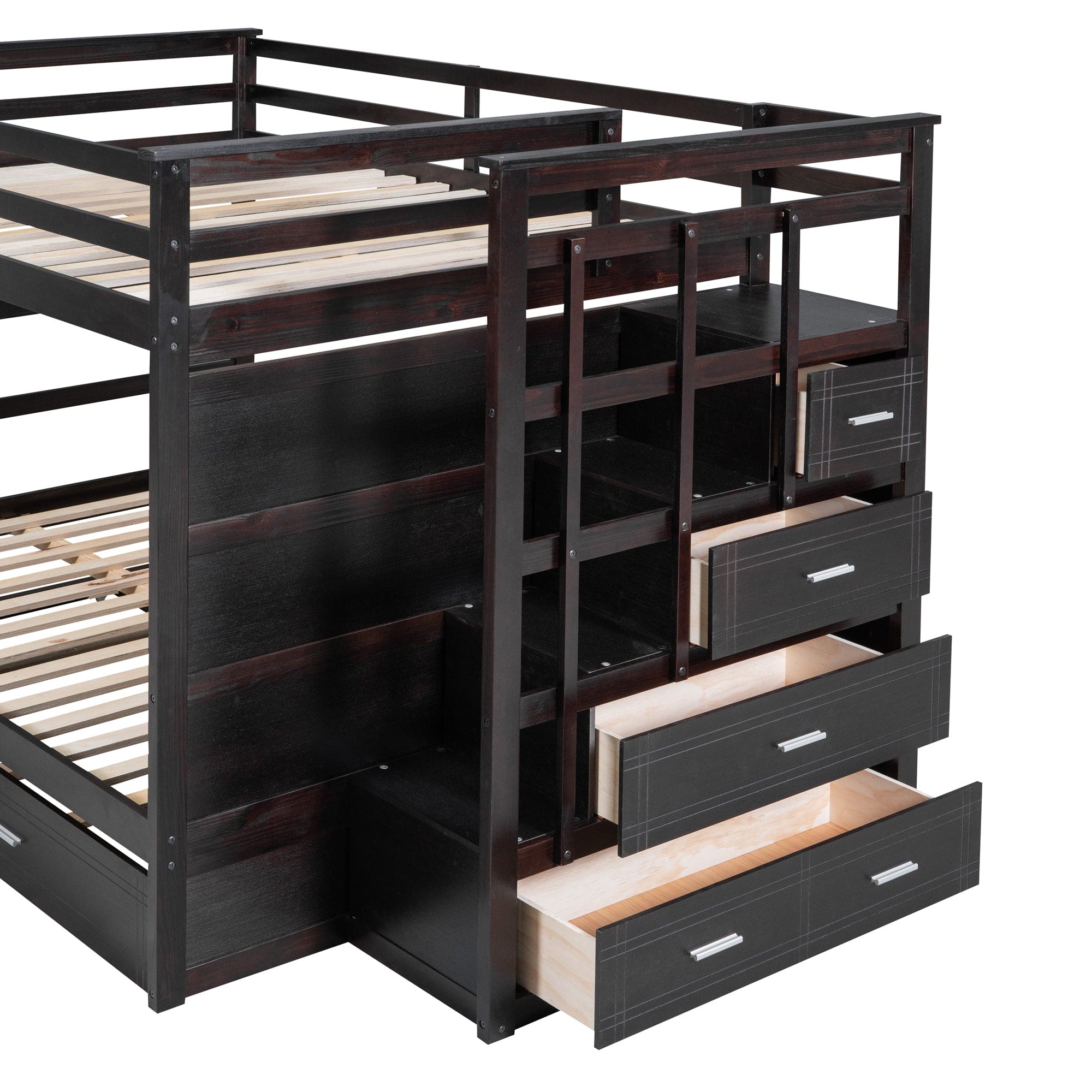 Full Over Full Bunk Bed with Twin Size Trundle and Staircase, Espresso