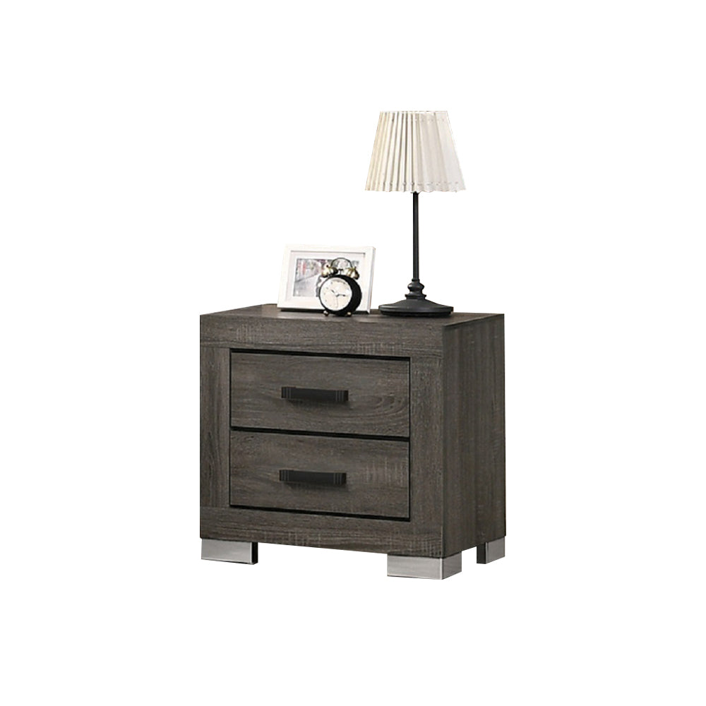 2 Drawers Wood Nightstand With Black Handles In Grey