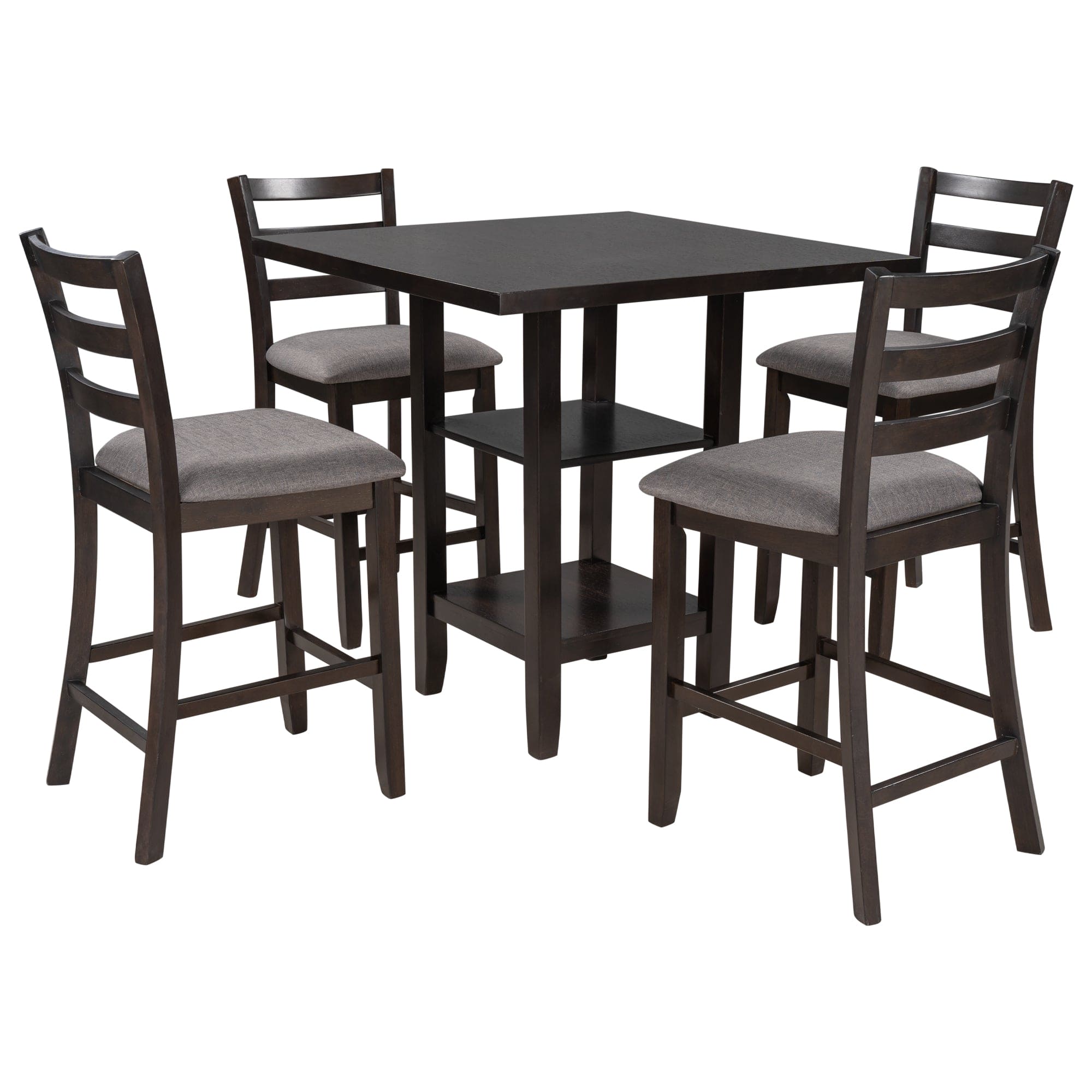 TREXM 5-Piece Wooden Counter Height Dining Set with Padded Chairs and Storage Shelving (Espresso)