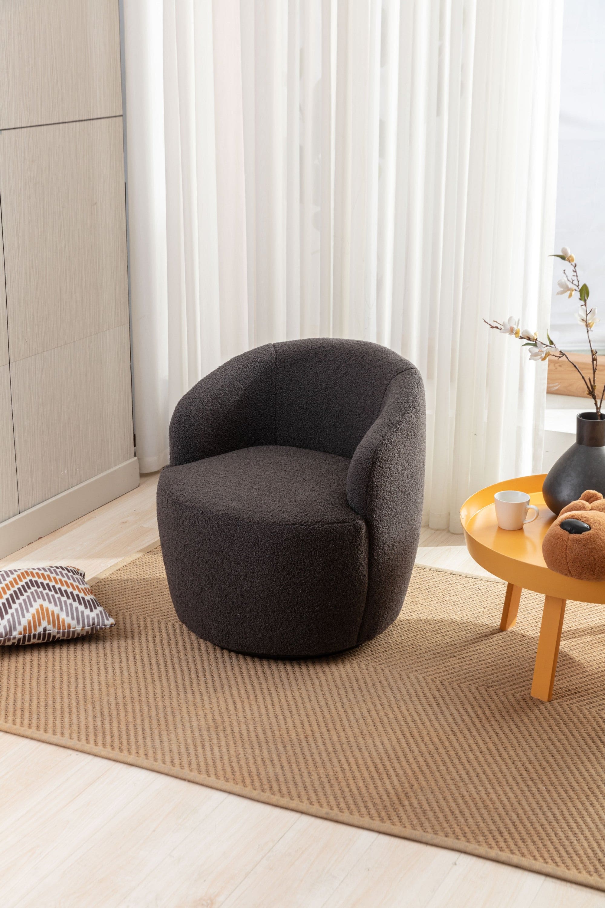 Teddy Fabric Swivel Accent Armchair Barrel Chair With Black Powder Coating Metal Ring,Dark Gray