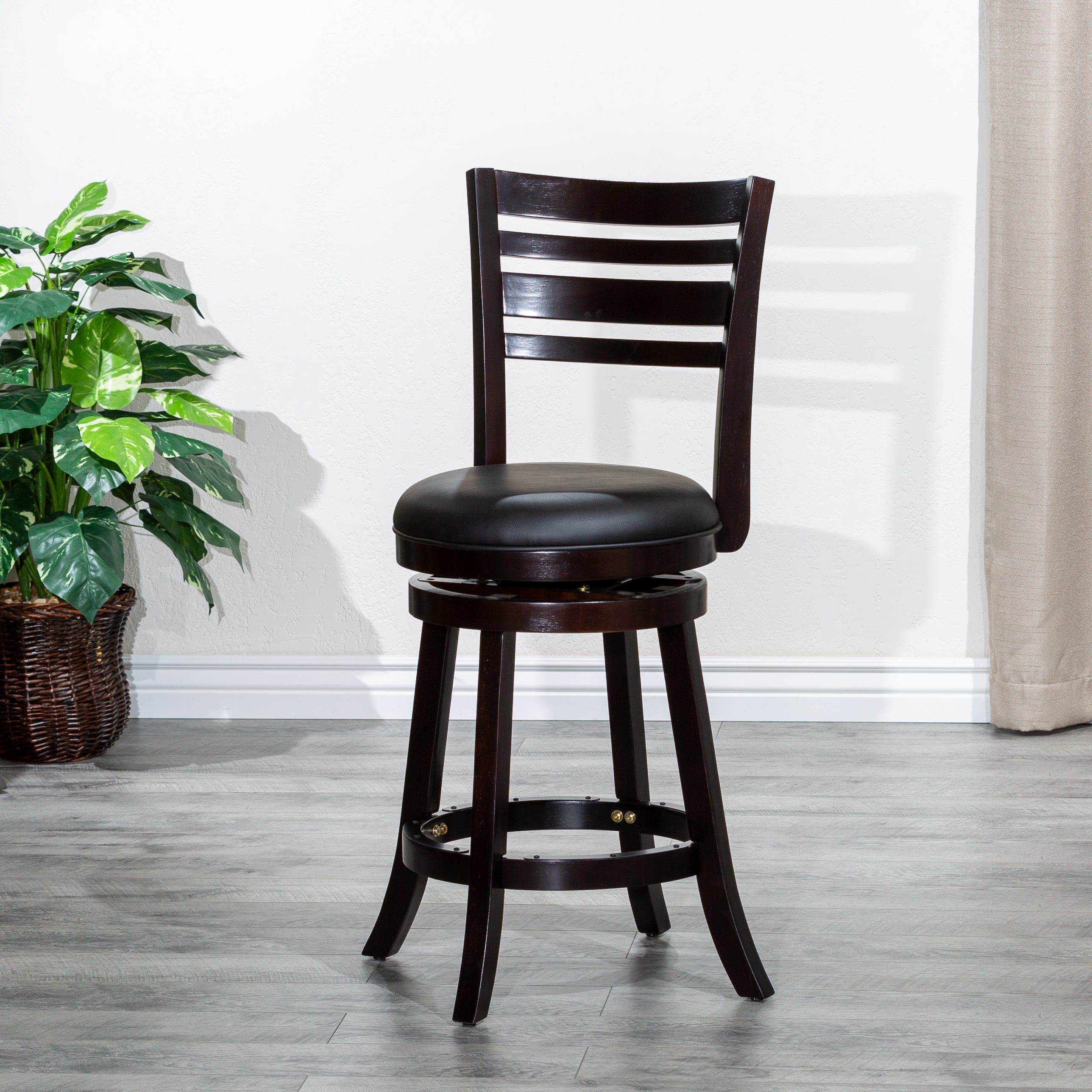 24" Counter Height Slat Back Swivel Stool, Espresso Finish, Black Leather Seat