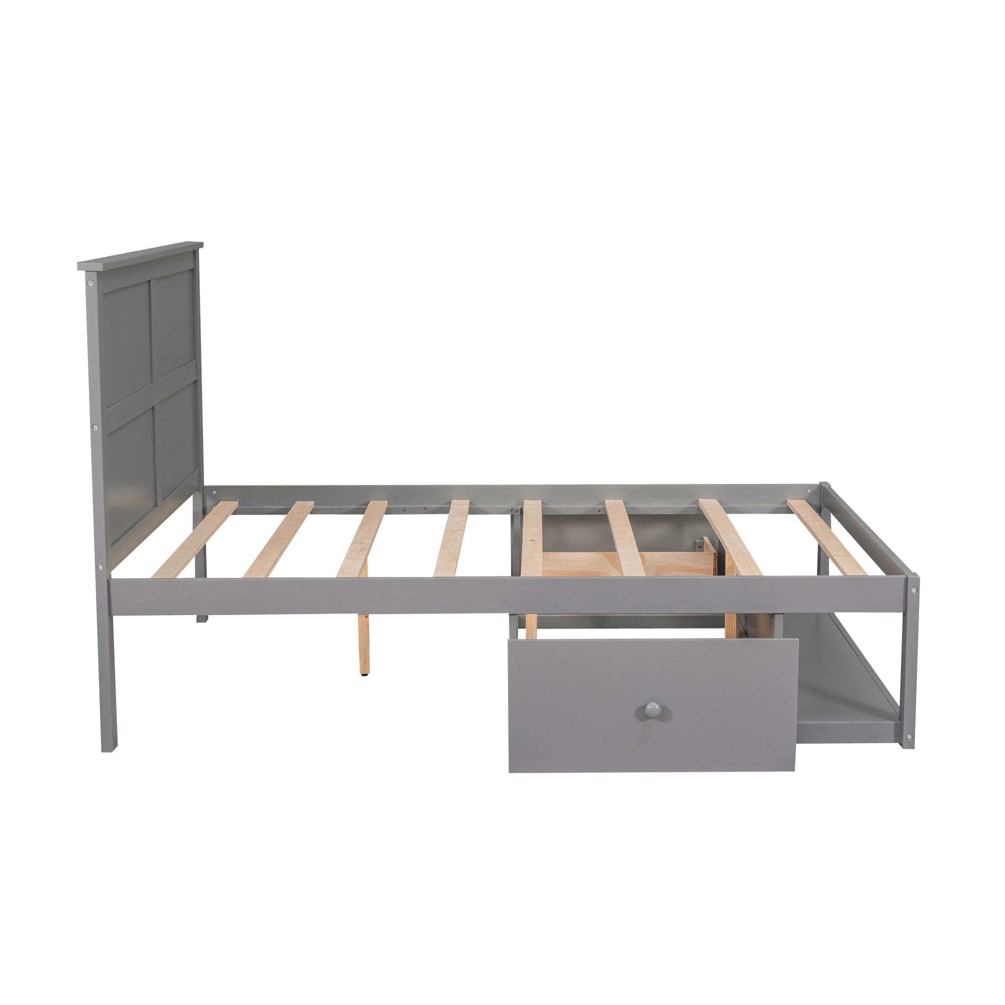 Full Size Platform Bed with Drawer on the Each Side and Shelf on the End of the Bed, Gray